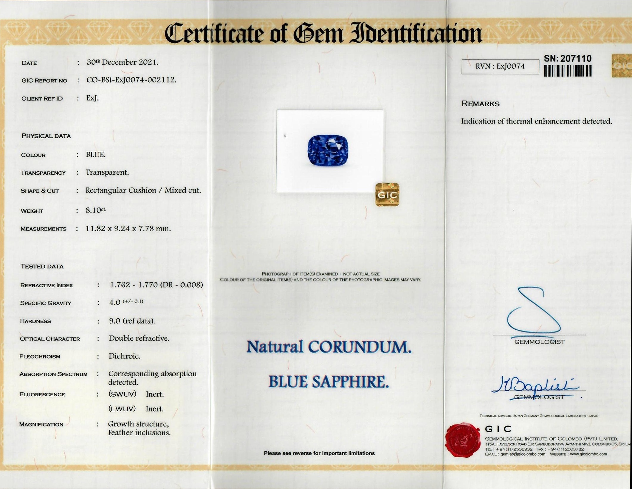 8.10 Ct. Blue Sapphire from Ceylon (Sri Lanka)