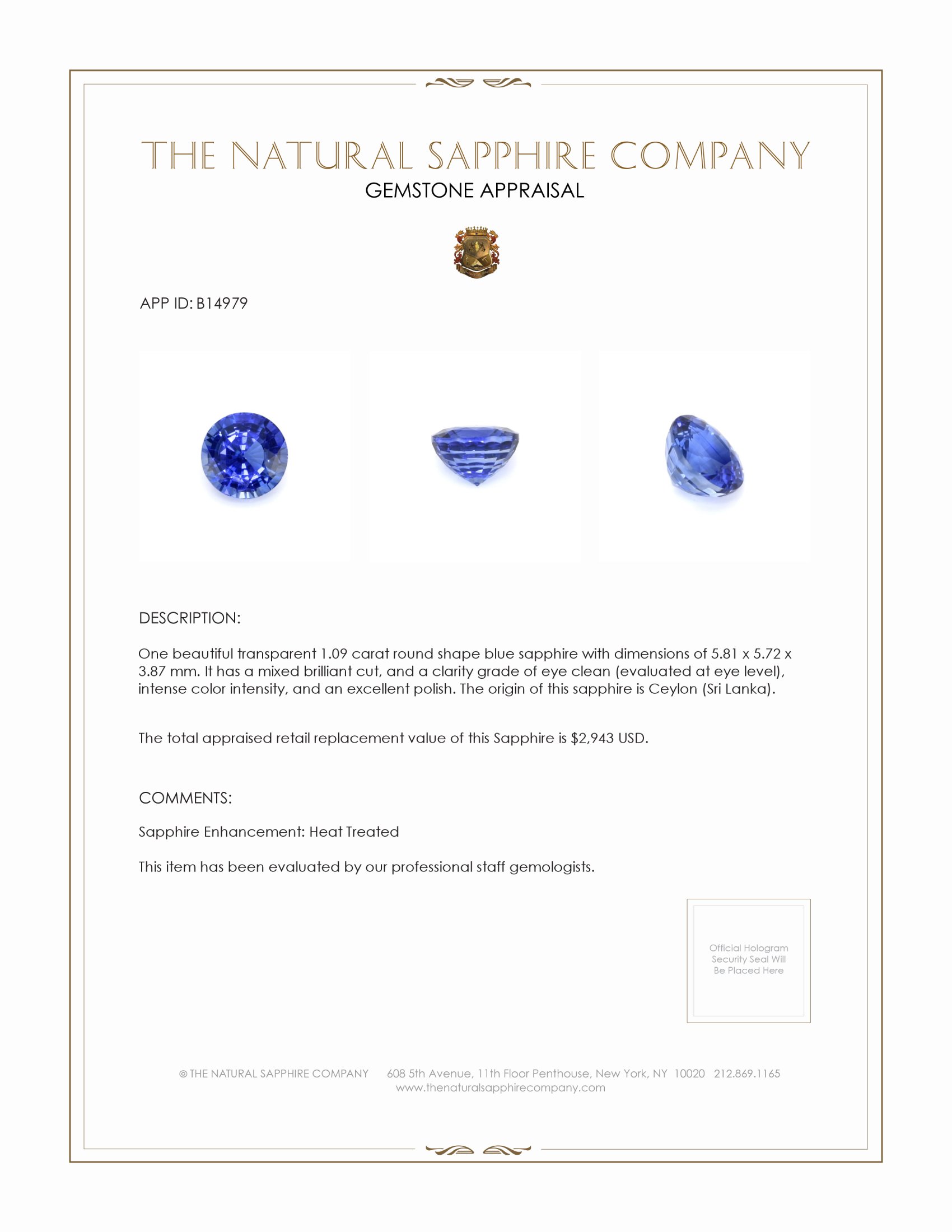 1.09 Ct. Blue Sapphire from Ceylon (Sri Lanka)