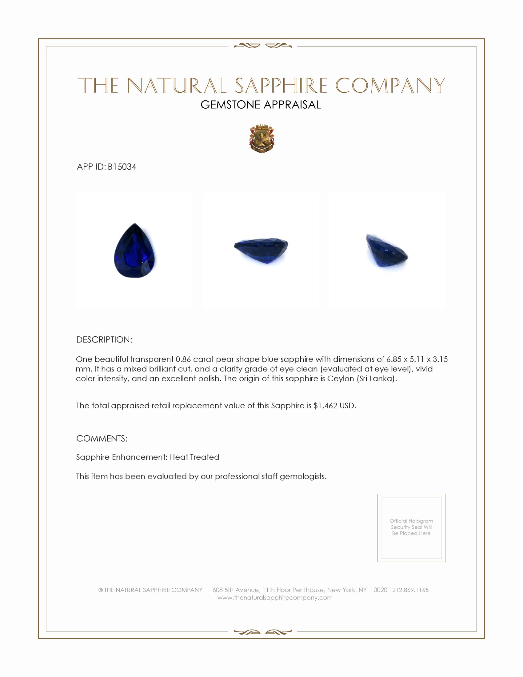 0.86 Ct. Blue Sapphire from Ceylon (Sri Lanka)