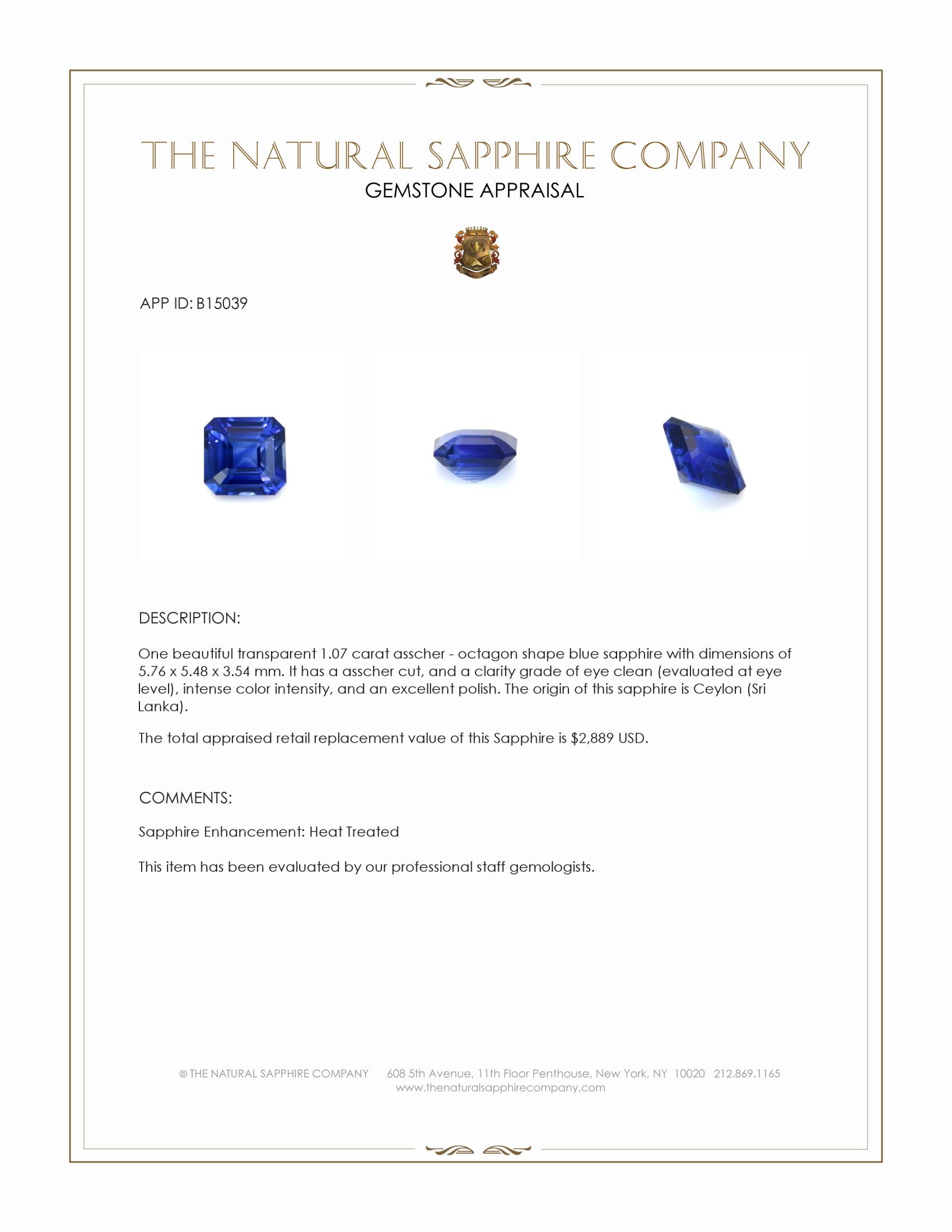 1.07 Ct. Blue Sapphire from Ceylon (Sri Lanka)
