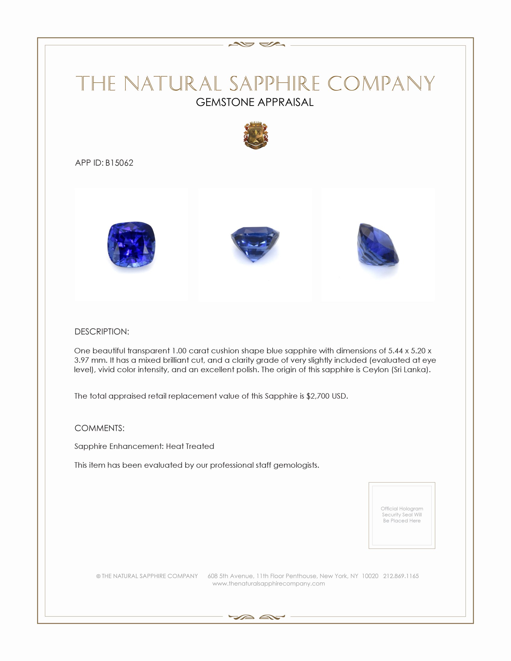 1.00 Ct. Blue Sapphire from Ceylon (Sri Lanka)