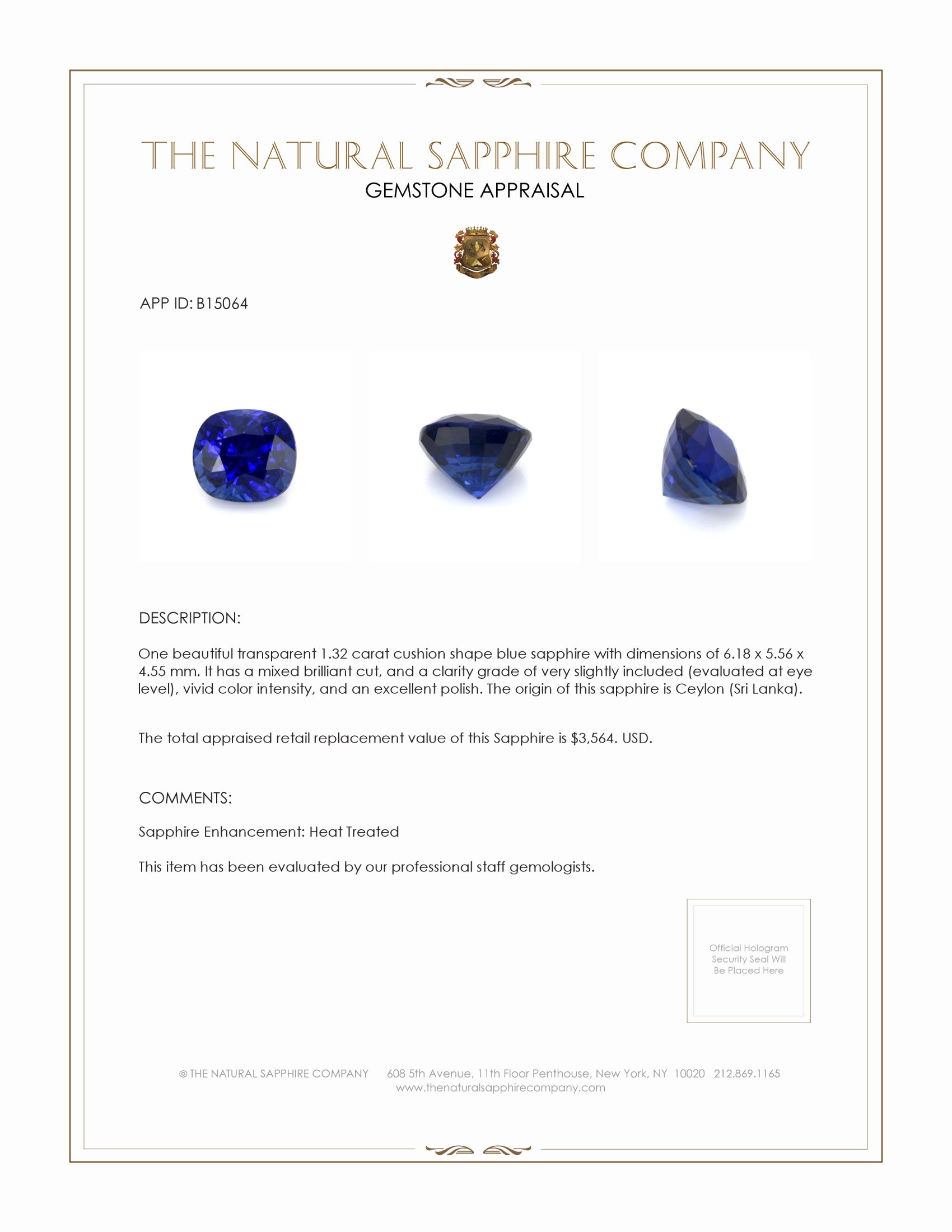 1.32 Ct. Blue Sapphire from Ceylon (Sri Lanka)