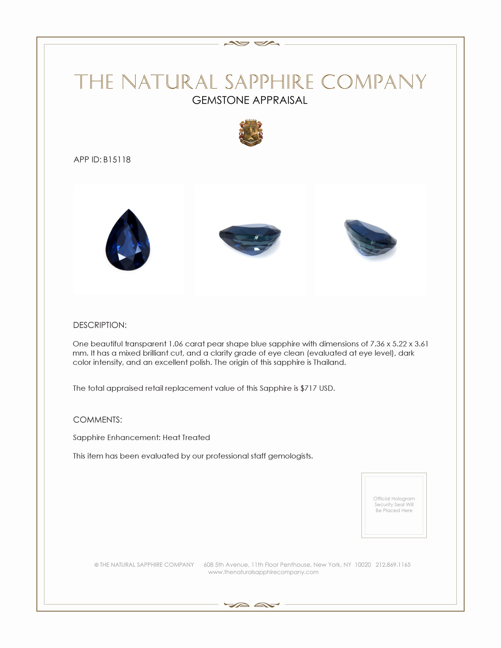 1.06 Ct. Blue Sapphire from Thailand