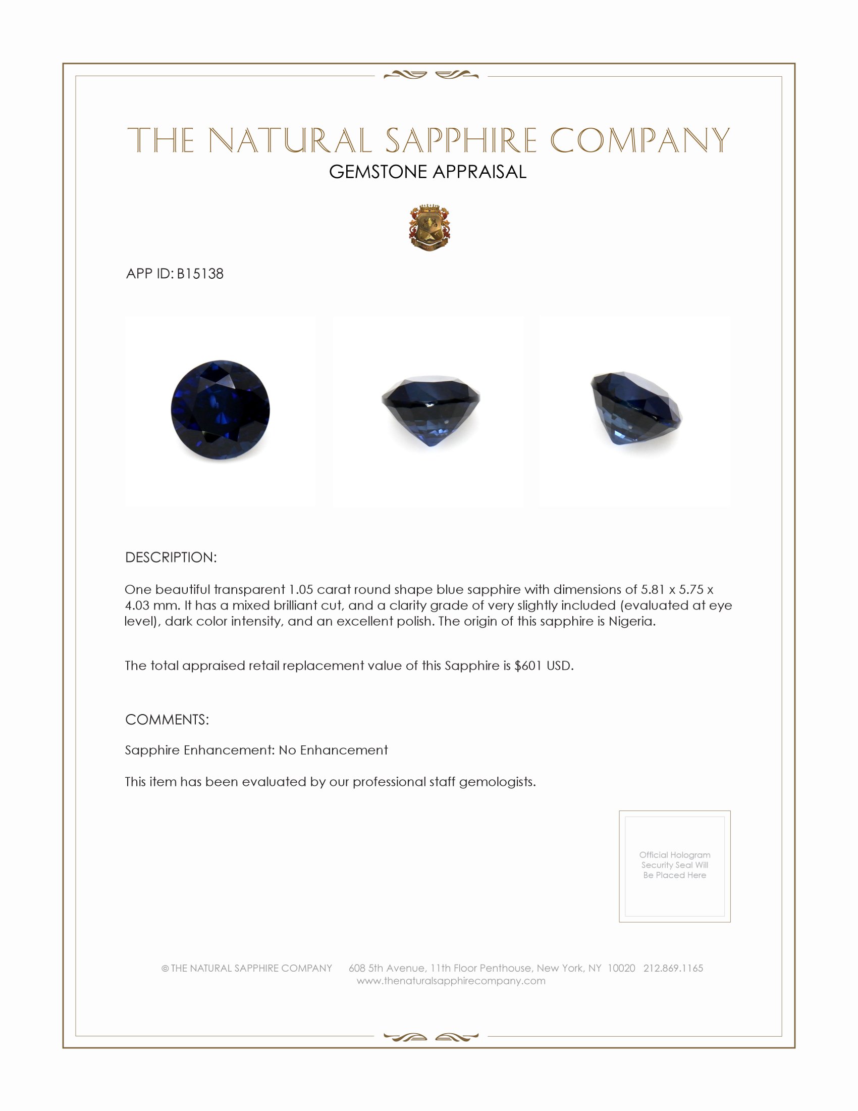 1.05 Ct. Blue Sapphire from Nigeria
