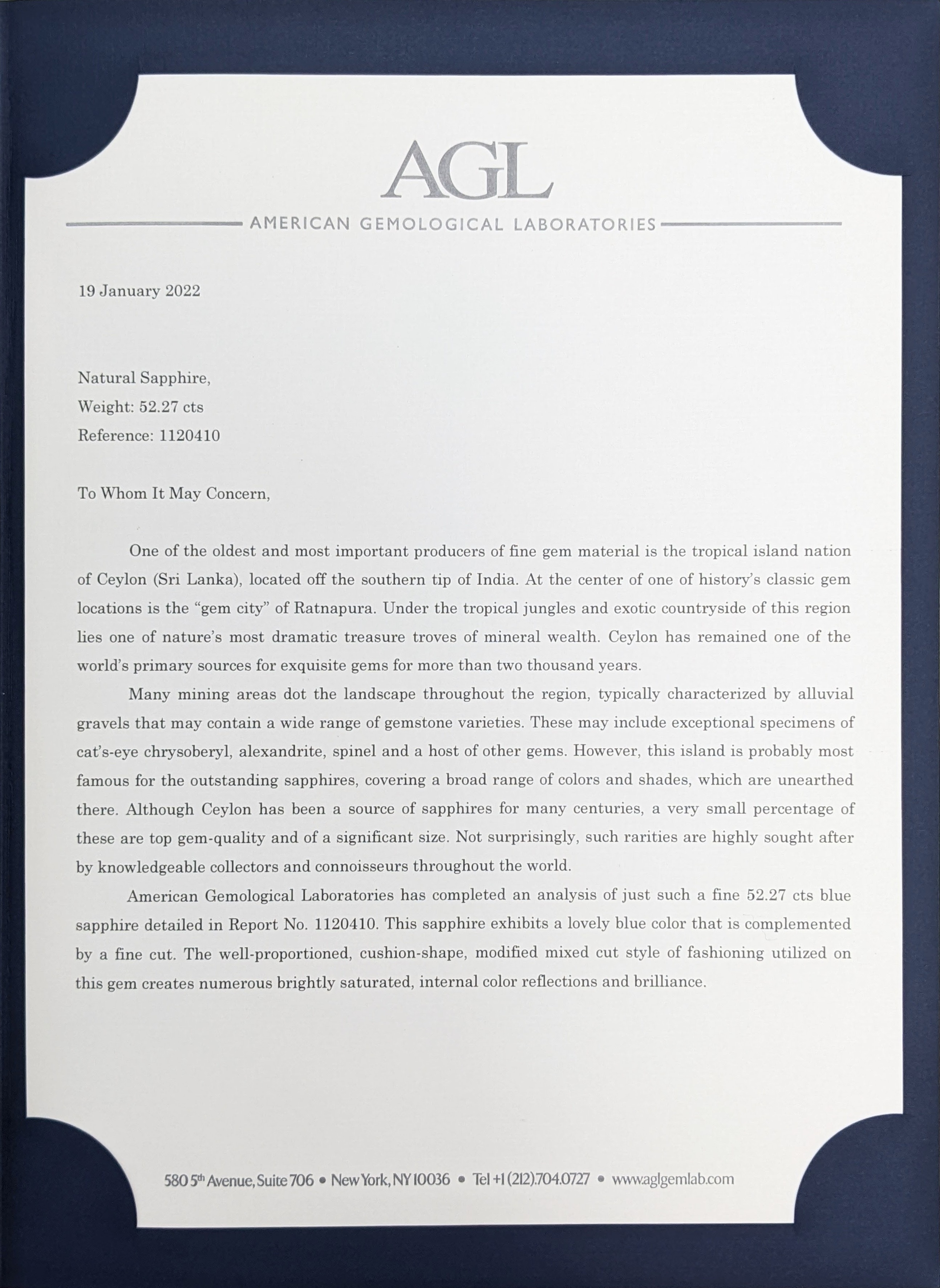 52.27 Ct. Blue Sapphire from Ceylon (Sri Lanka)