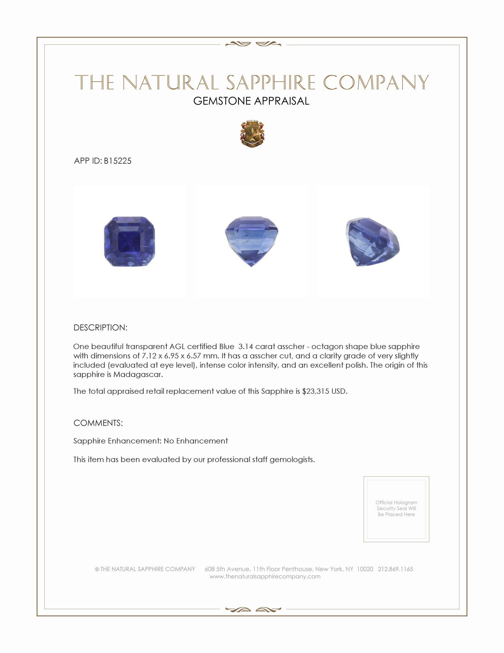 3.14 Ct. Blue Sapphire from Madagascar