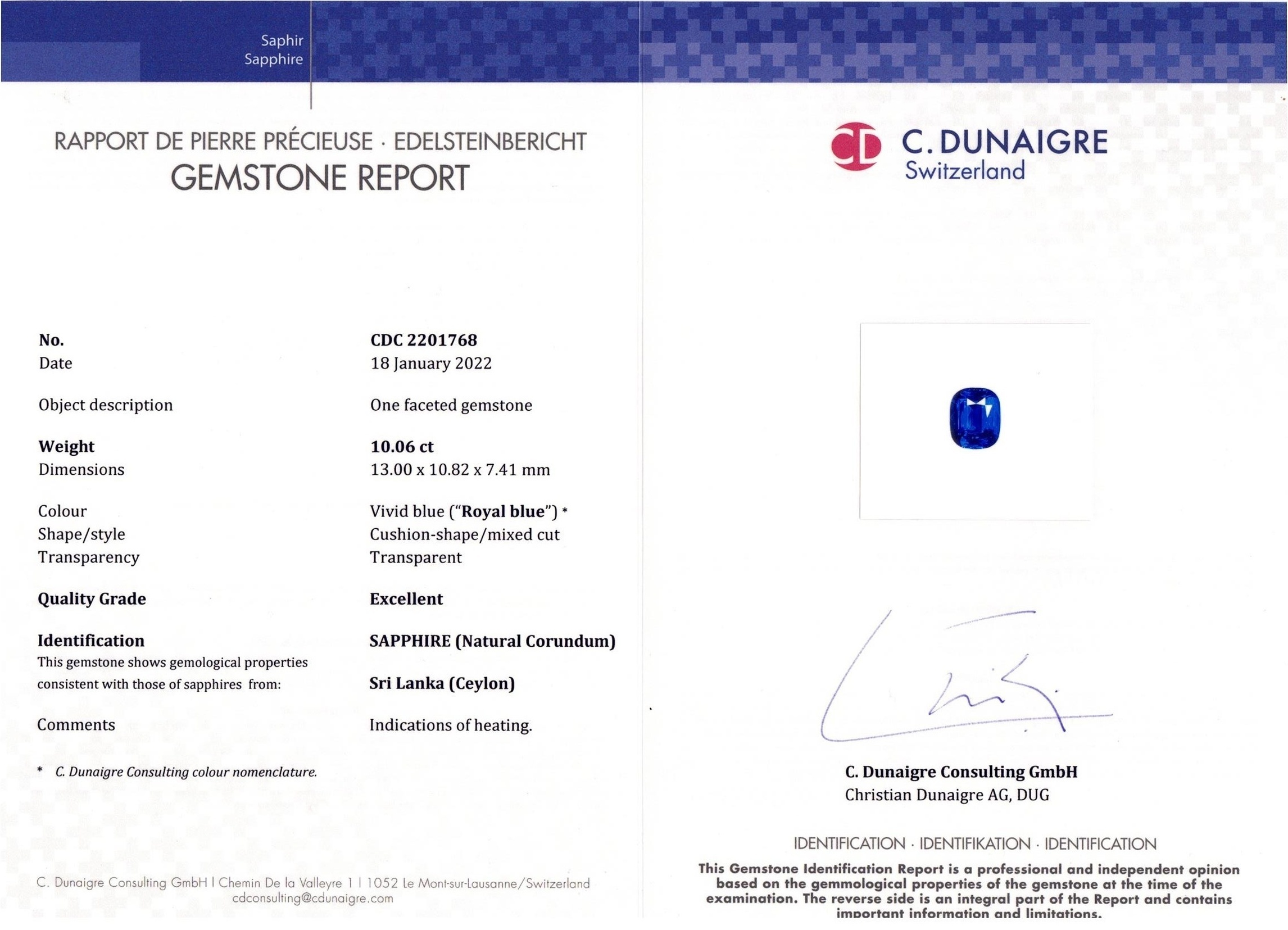 10.06 Ct. Blue Sapphire from Ceylon (Sri Lanka)
