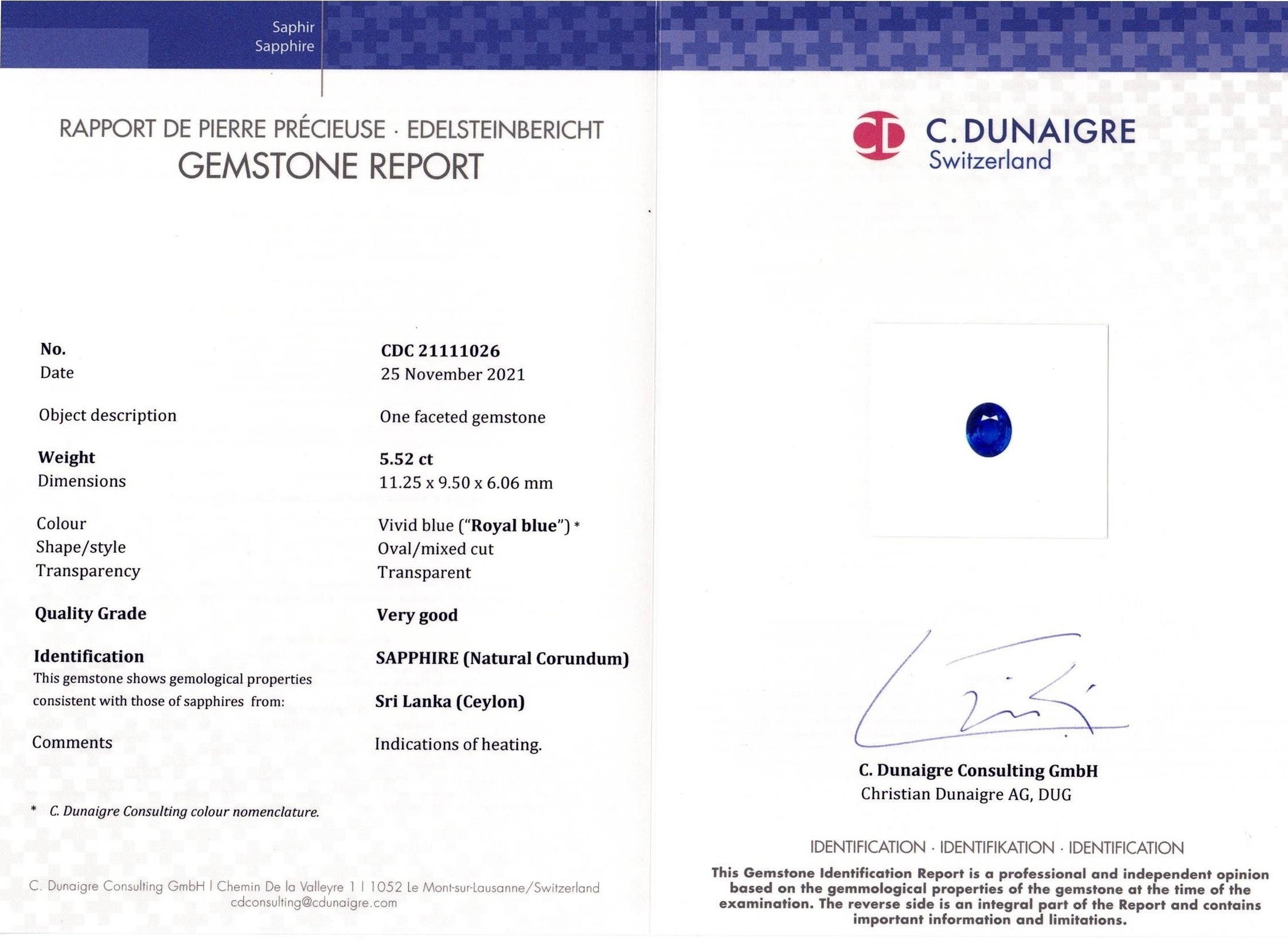 5.52 Ct. Blue Sapphire from Ceylon (Sri Lanka)