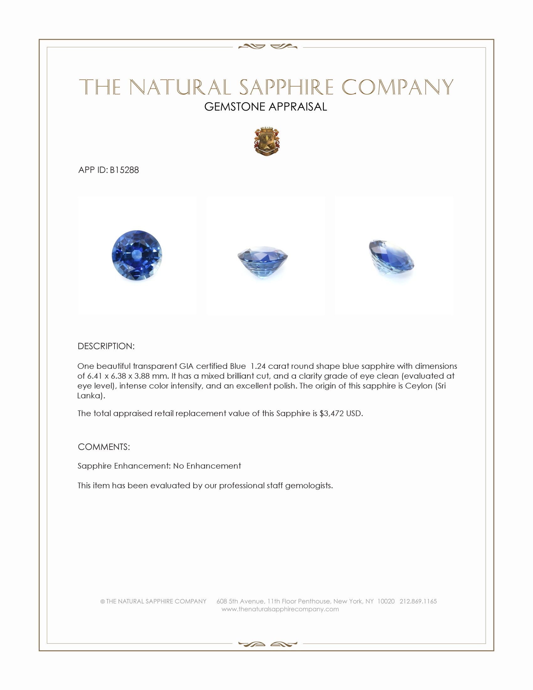 1.24 Ct. Blue Sapphire from Ceylon (Sri Lanka)