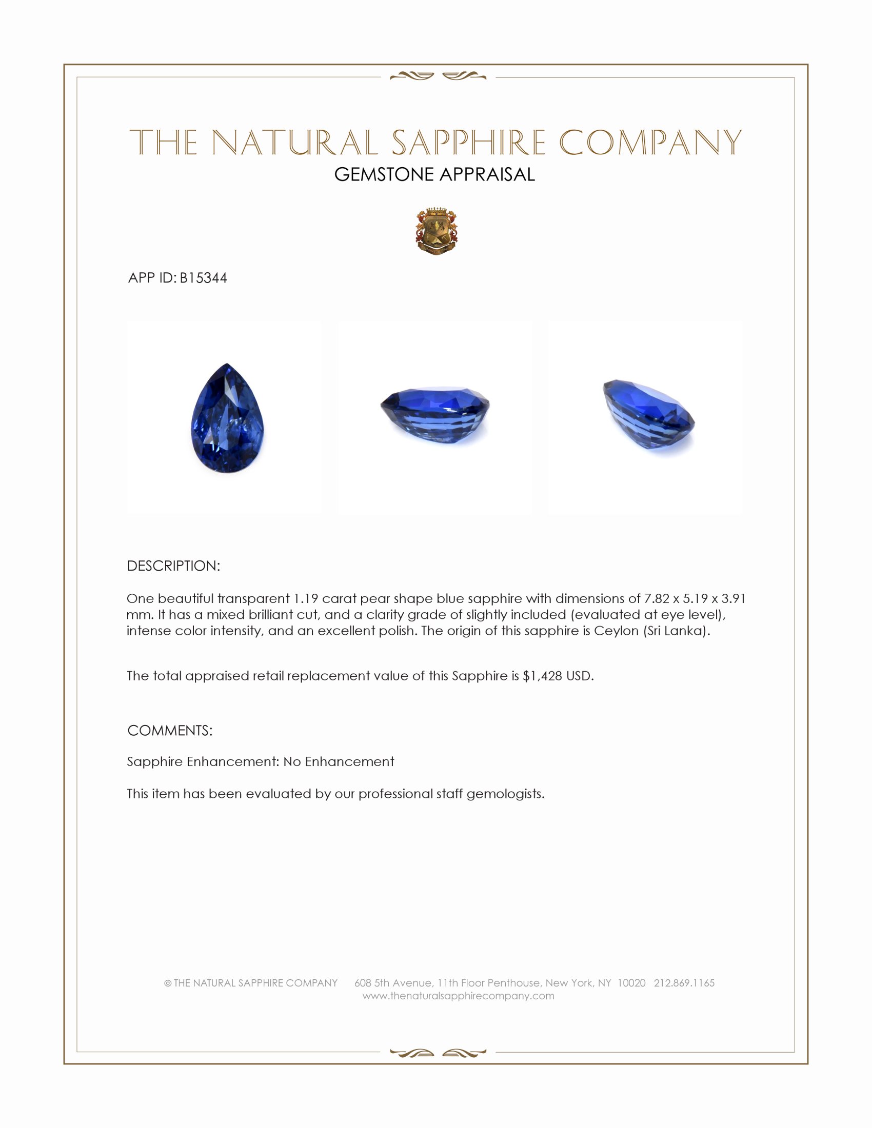 1.19 Ct. Blue Sapphire from Ceylon (Sri Lanka)