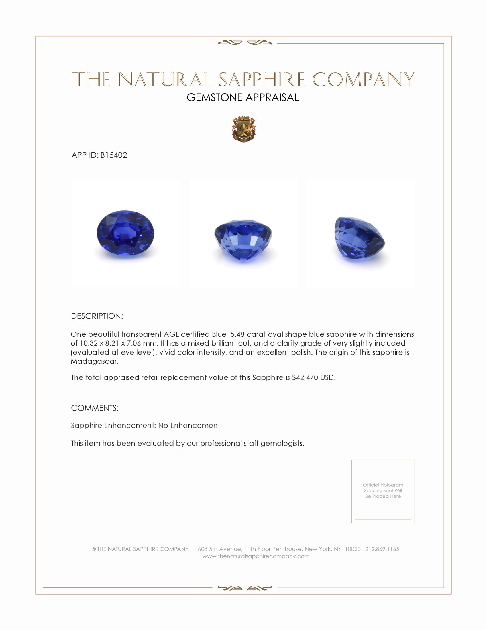5.48 Ct. Blue Sapphire from Madagascar