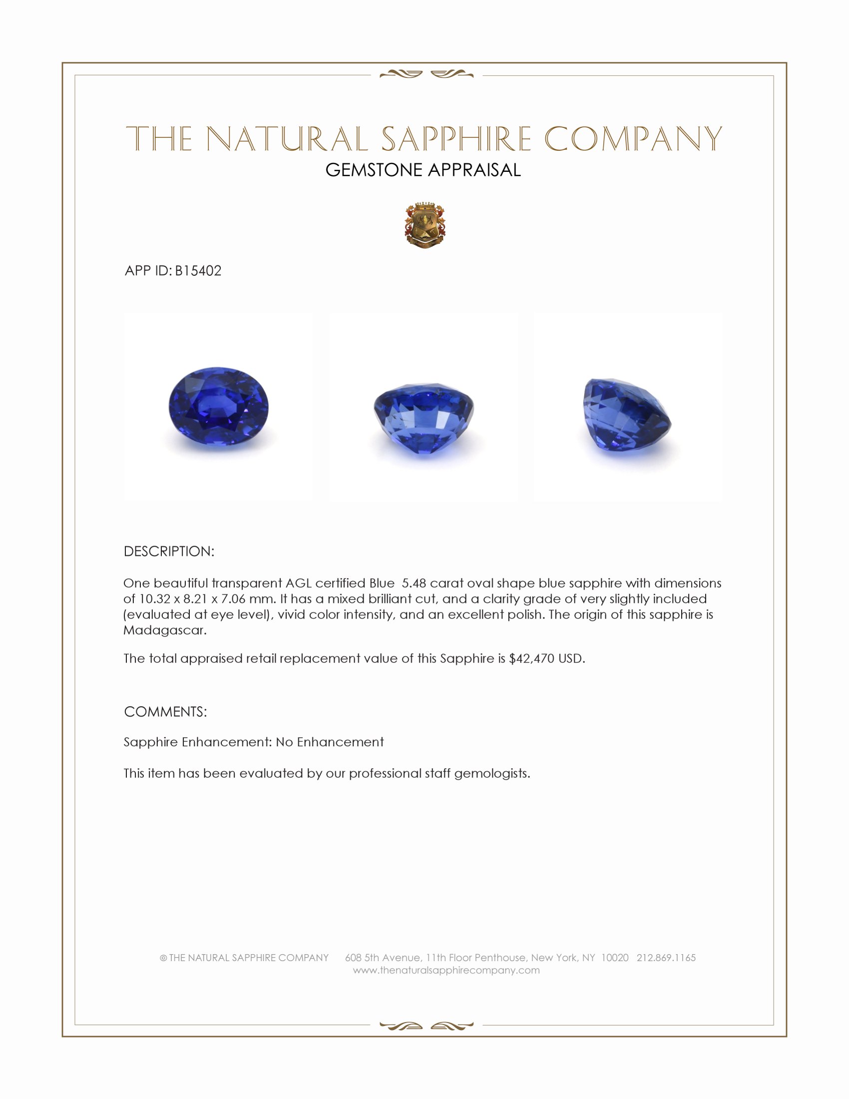 5.48 Ct. Blue Sapphire from Madagascar