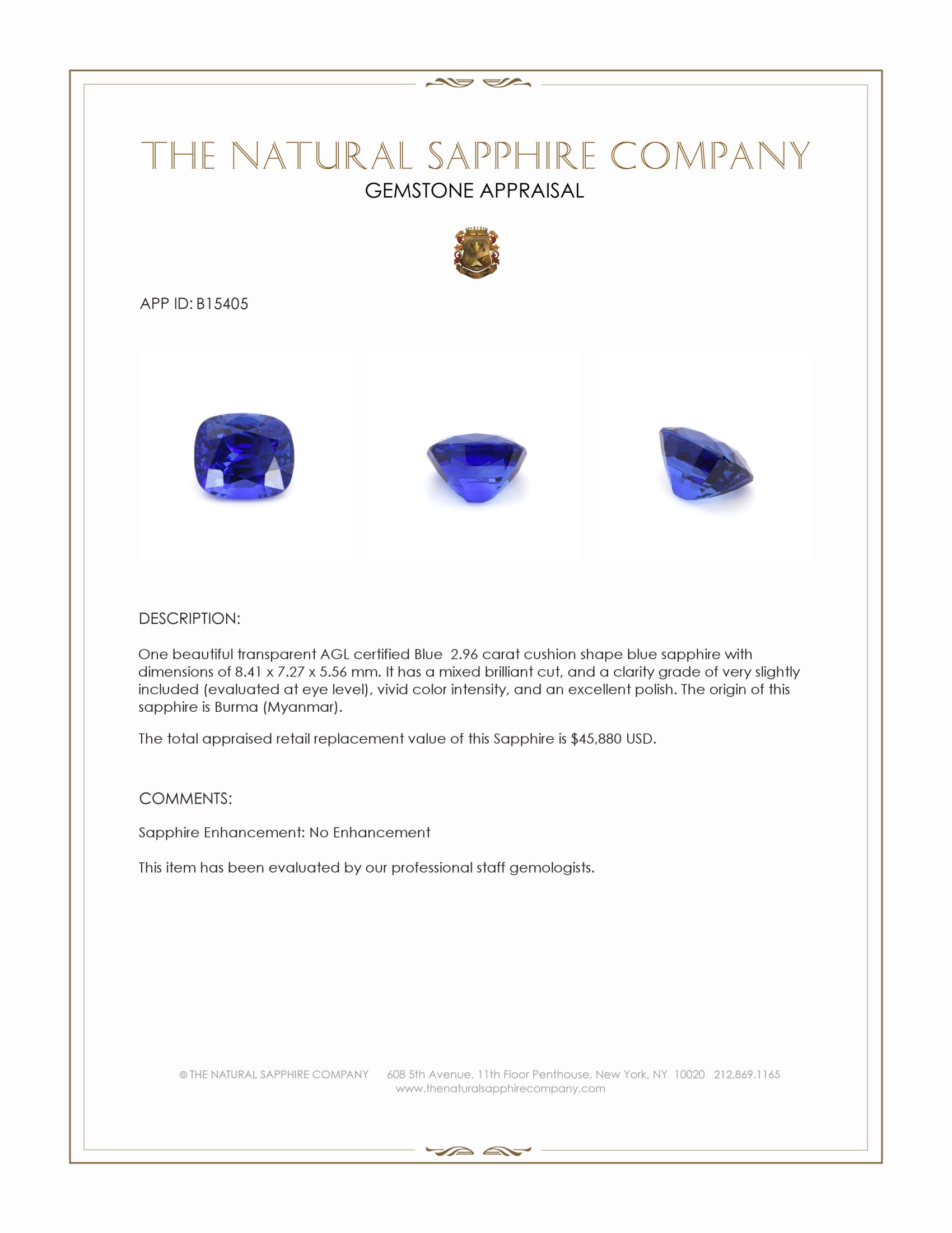 2.96 Ct. Blue Sapphire from Burma (Myanmar)
