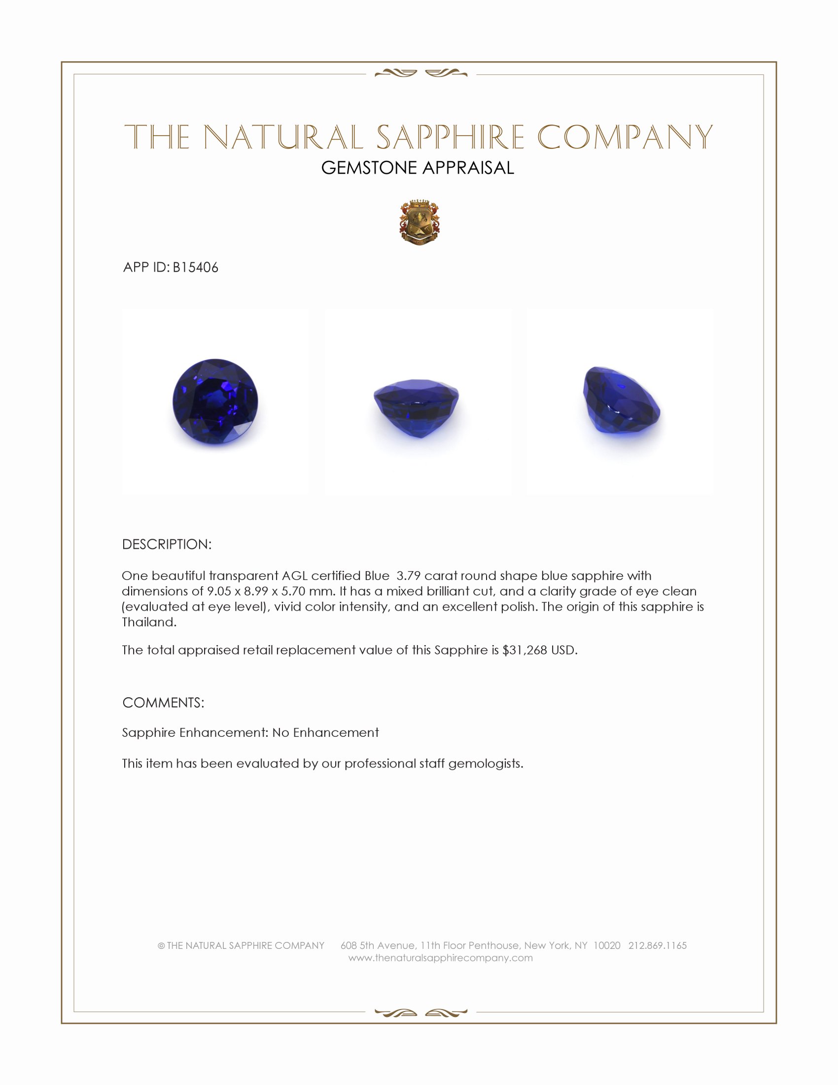 3.79 Ct. Blue Sapphire from Thailand