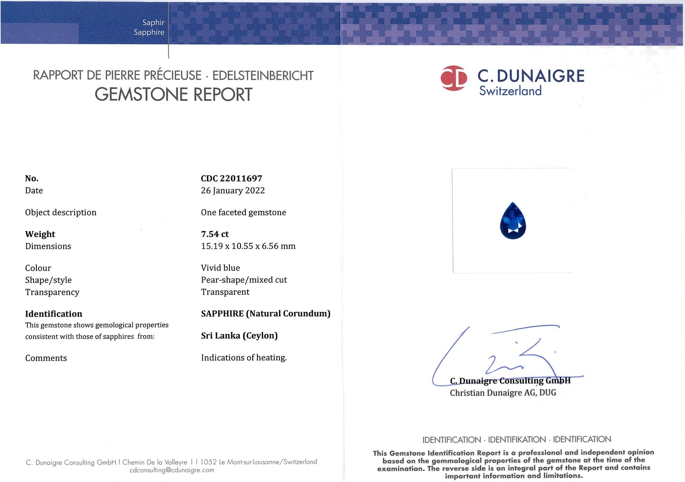 7.54 Ct. Blue Sapphire from Ceylon (Sri Lanka)