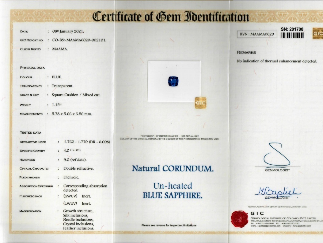 1.15 Ct. Blue Sapphire from Ceylon (Sri Lanka)