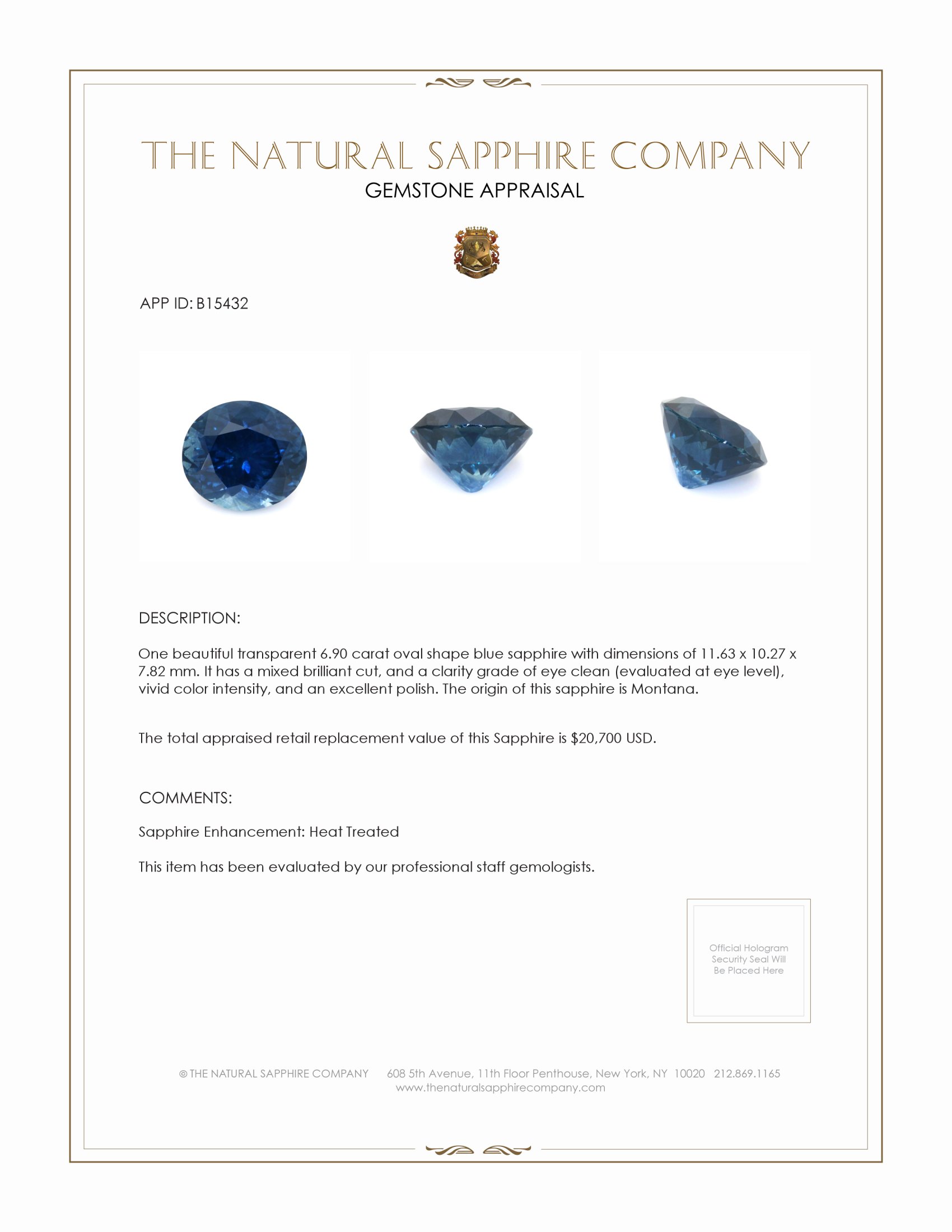 6.90 Ct. Blue Sapphire from Montana