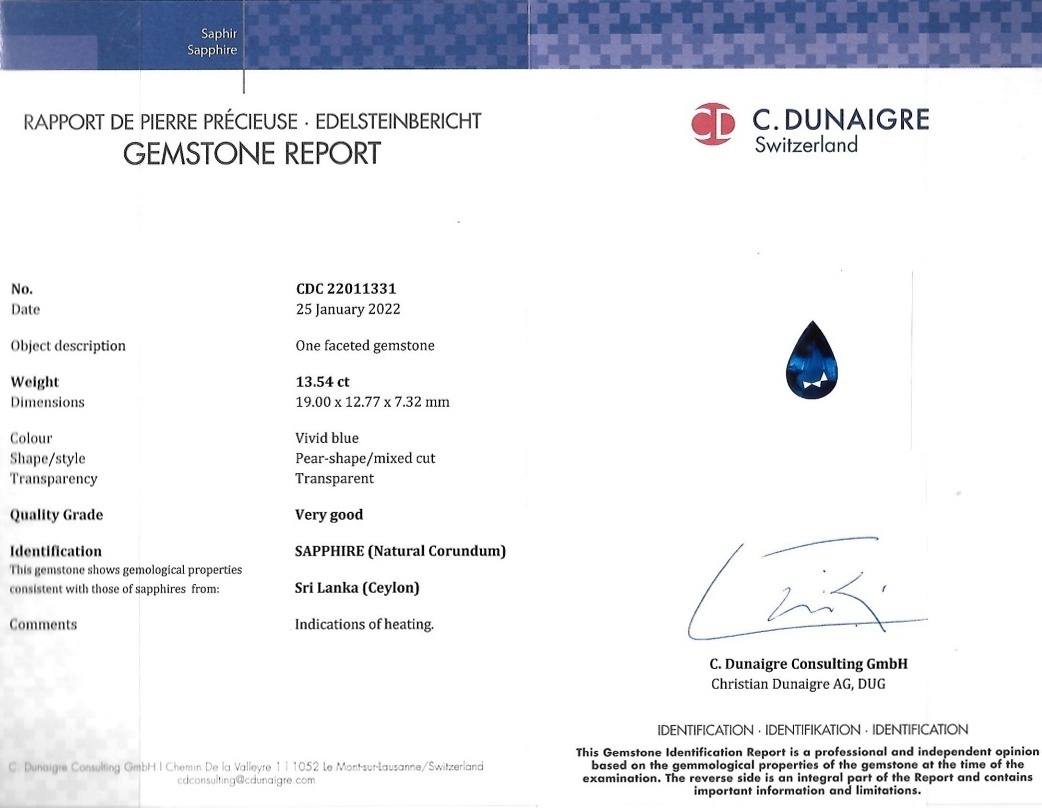 13.54 Ct. Blue Sapphire from Ceylon (Sri Lanka)