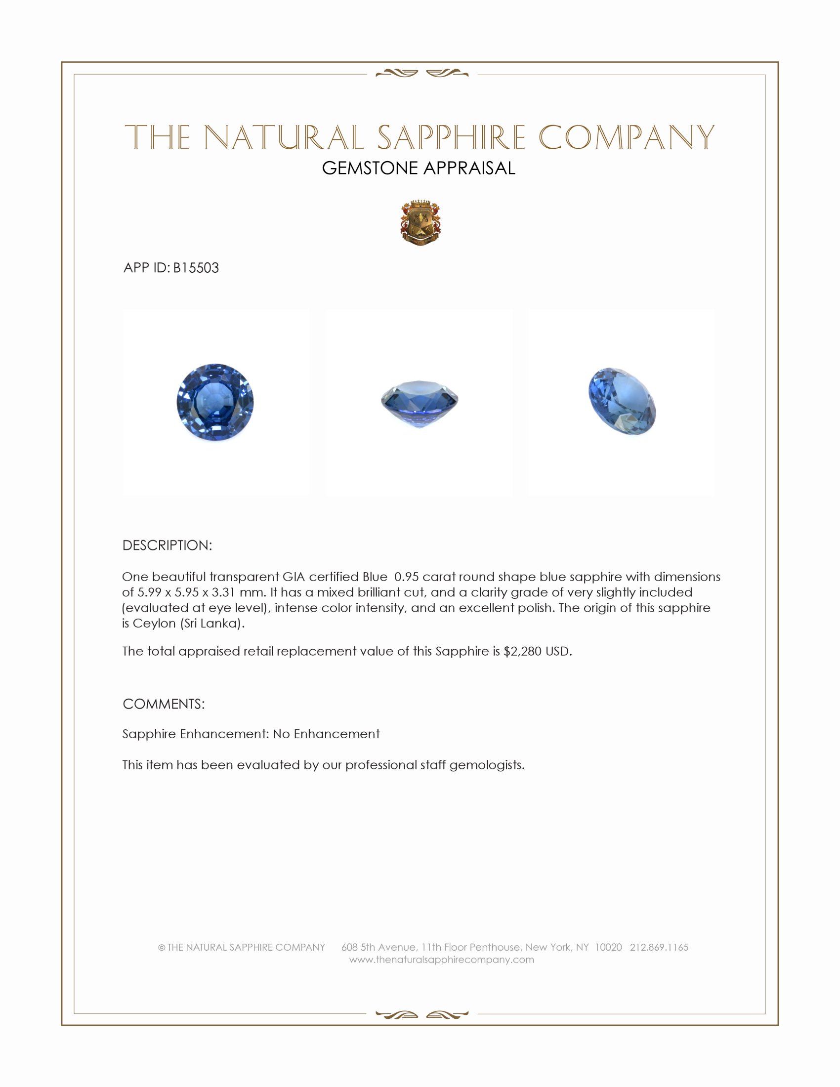 0.95 Ct. Blue Sapphire from Ceylon (Sri Lanka)