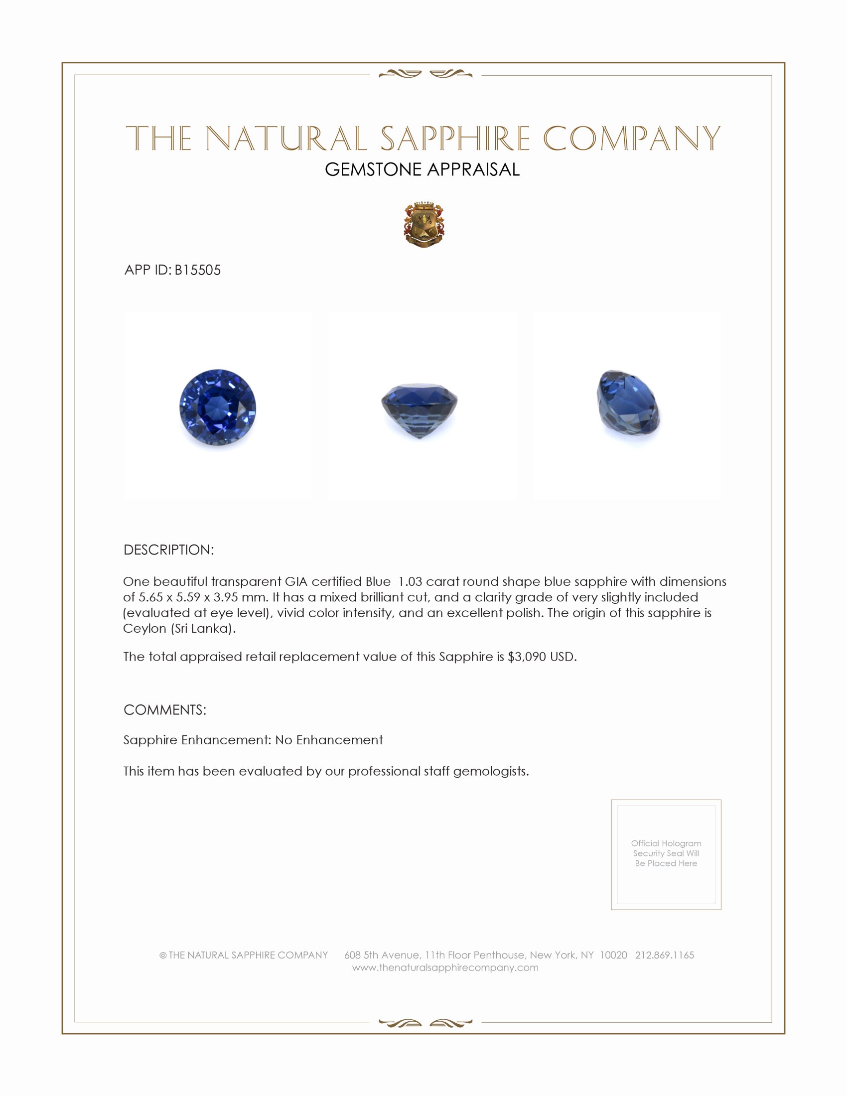 1.03 Ct. Blue Sapphire from Ceylon (Sri Lanka)