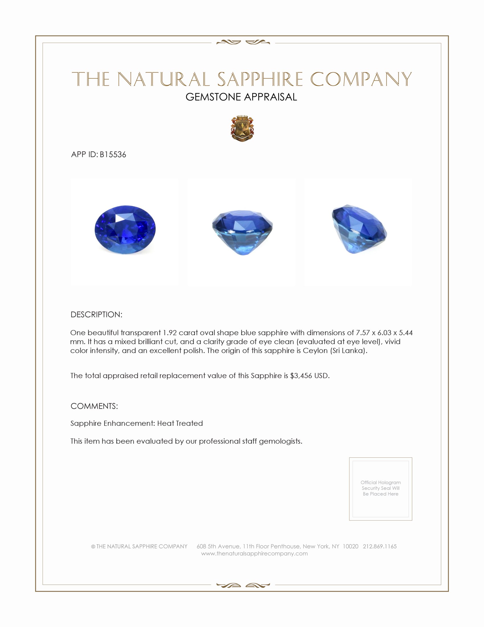 1.92 Ct. Blue Sapphire from Ceylon (Sri Lanka)