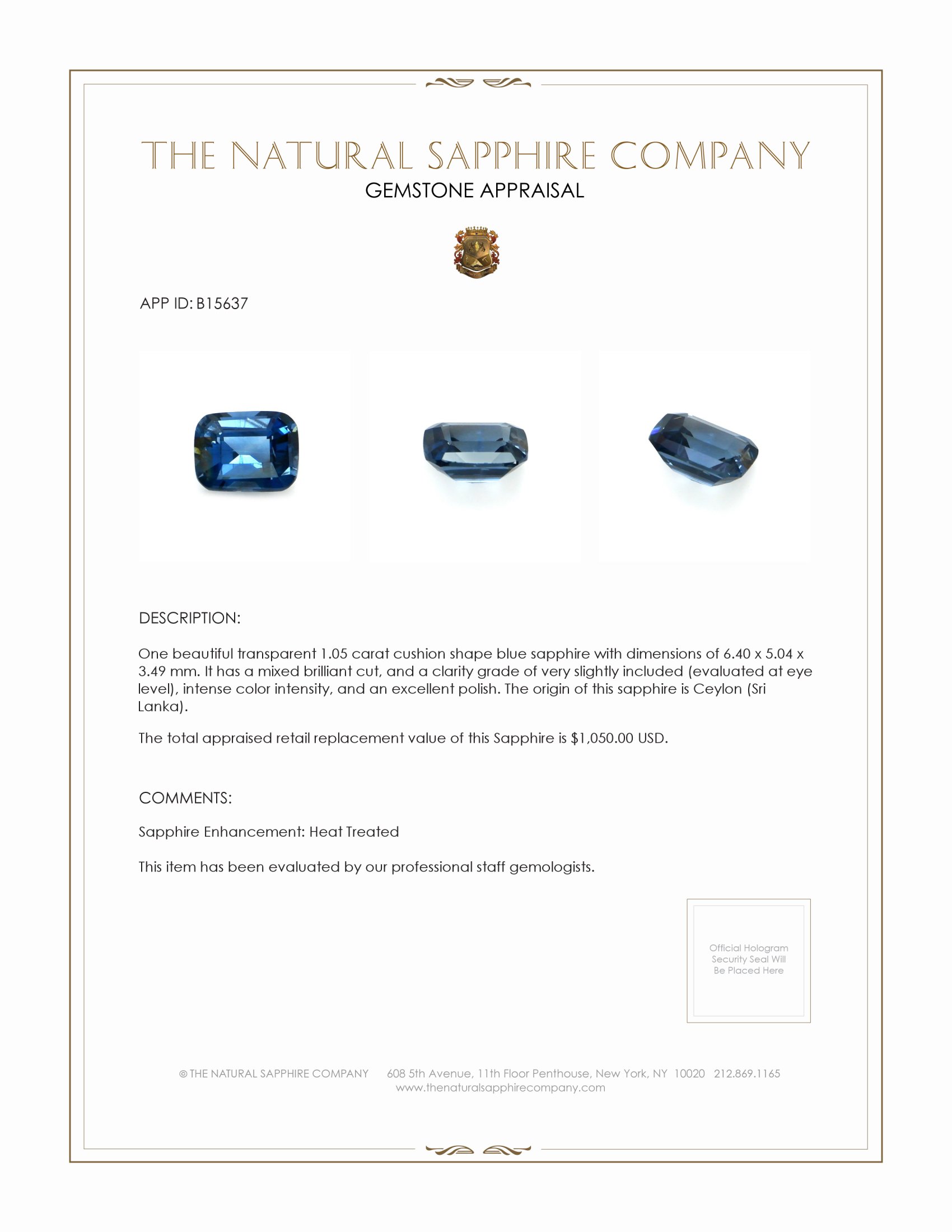 1.05 Ct. Blue Sapphire from Ceylon (Sri Lanka)