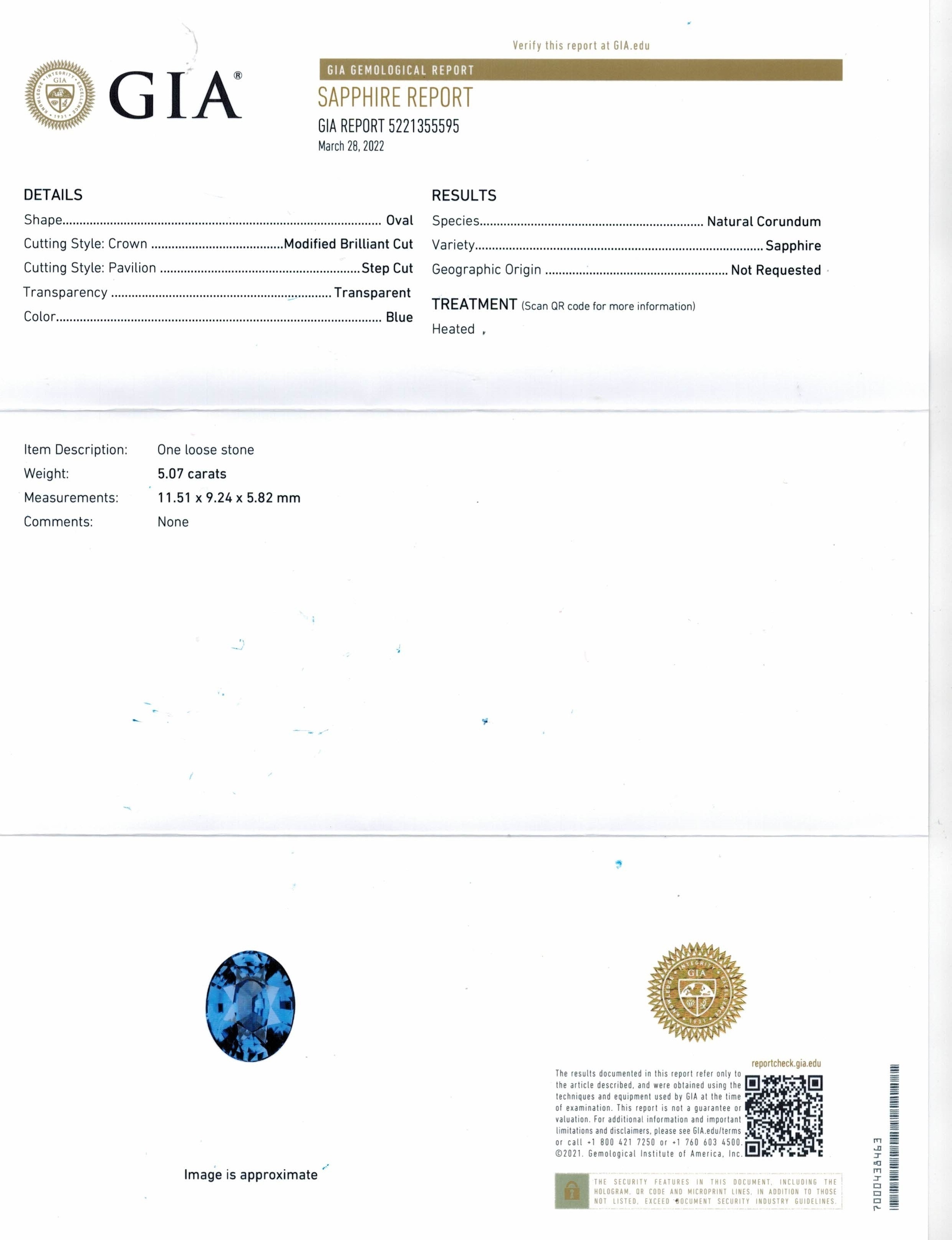 5.07 Ct. Blue Sapphire from Ceylon (Sri Lanka)