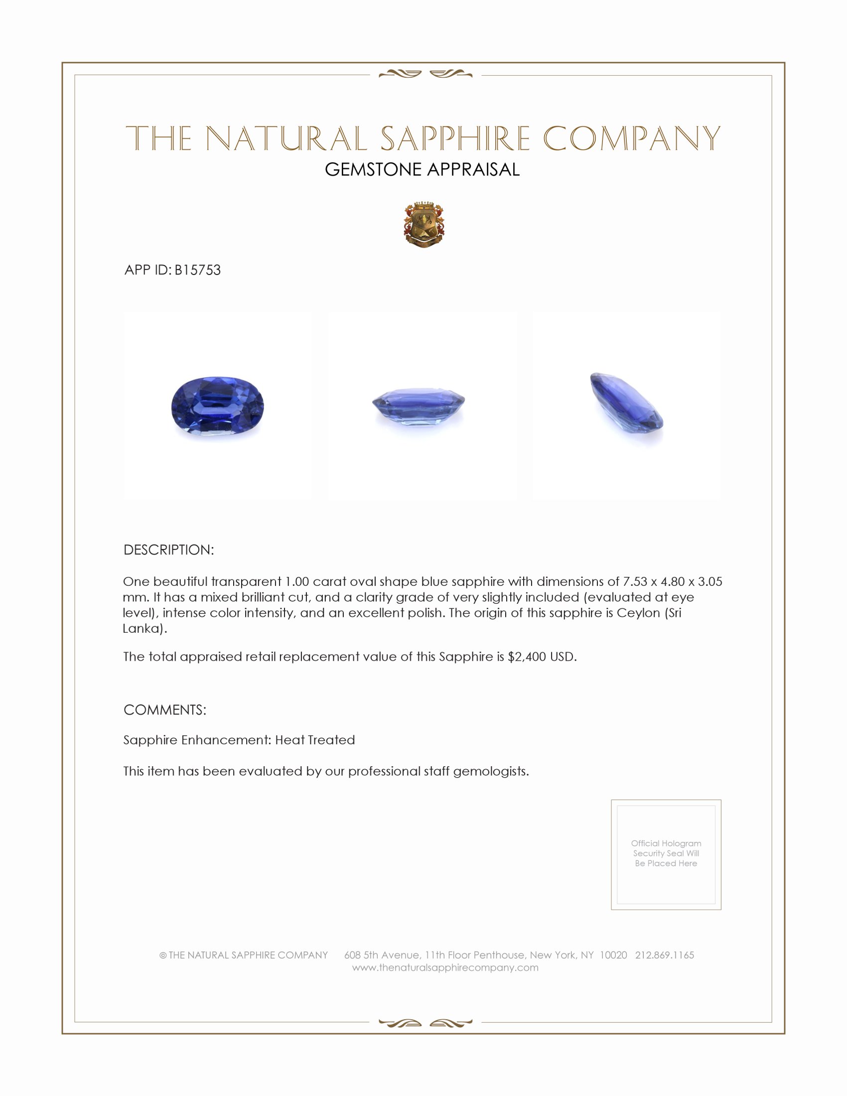 1.00 Ct. Blue Sapphire from Ceylon (Sri Lanka)