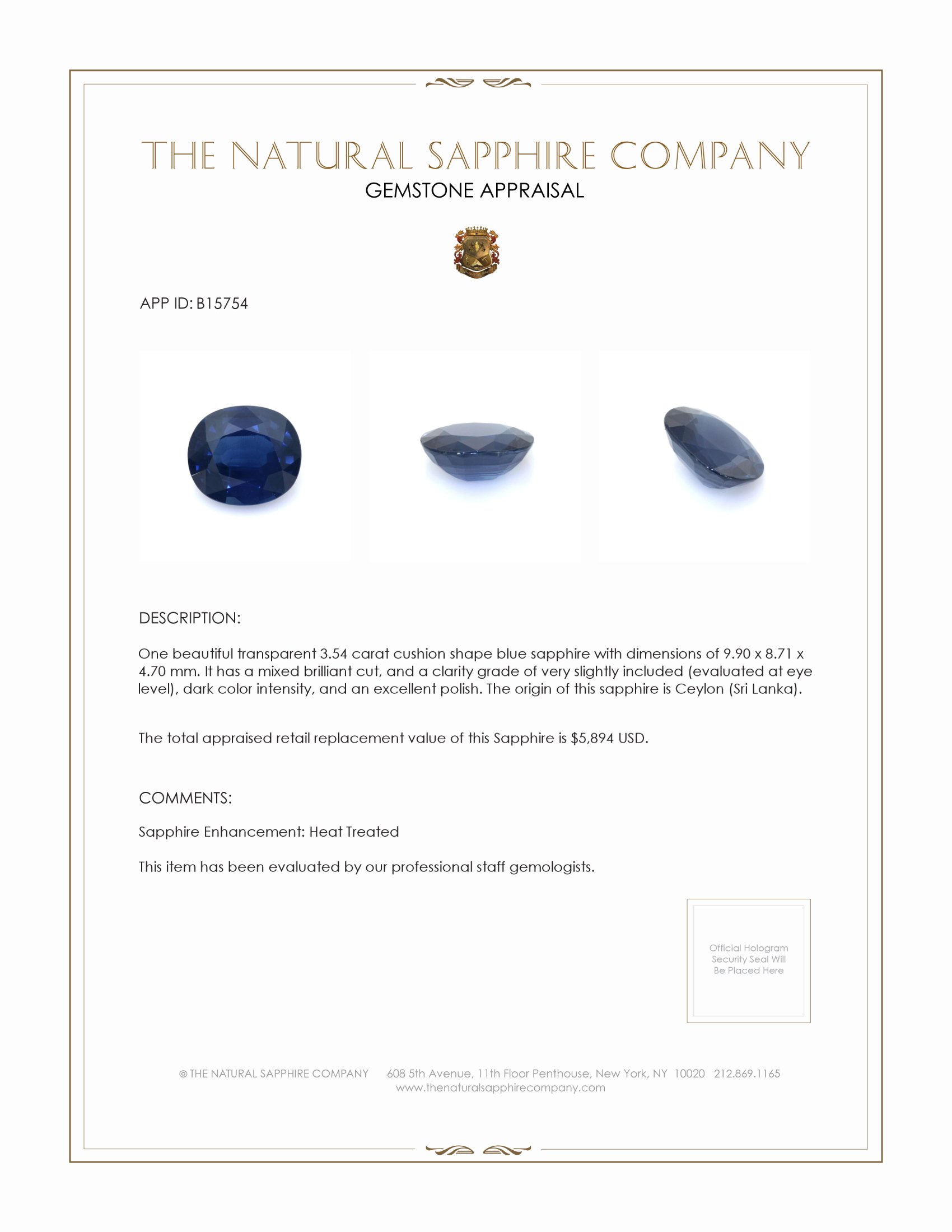 3.54 Ct. Blue Sapphire from Ceylon (Sri Lanka)