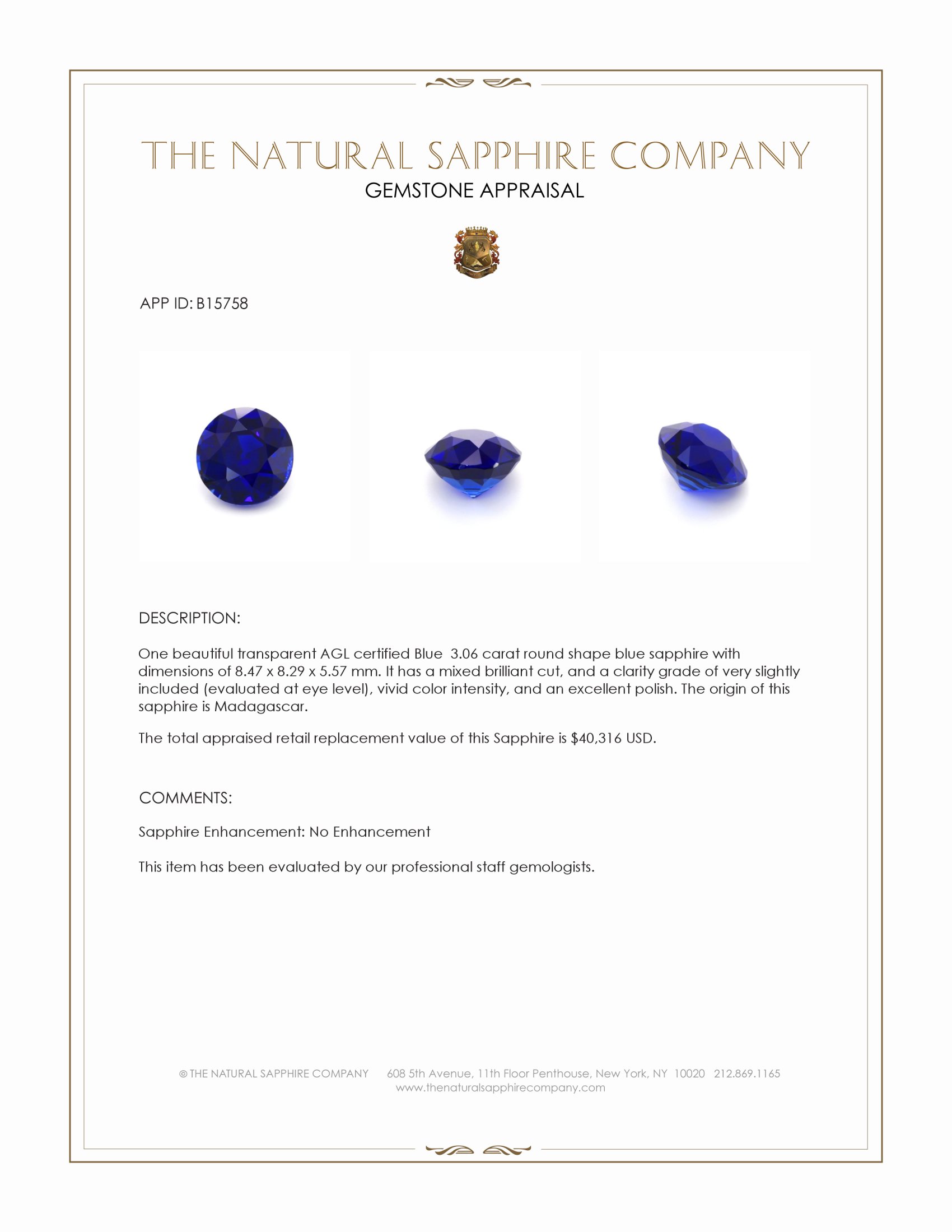 3.06 Ct. Blue Sapphire from Madagascar