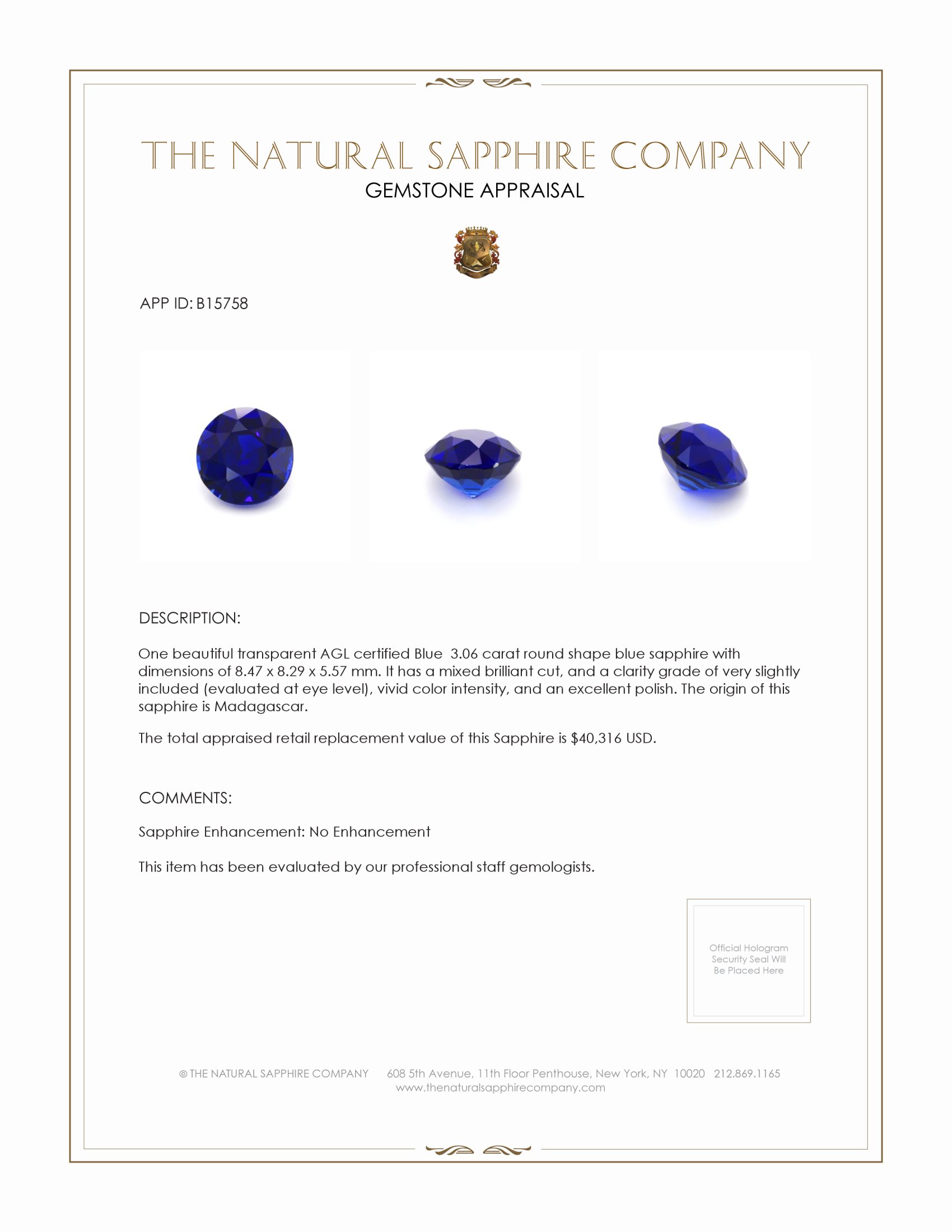 3.06 Ct. Blue Sapphire from Madagascar