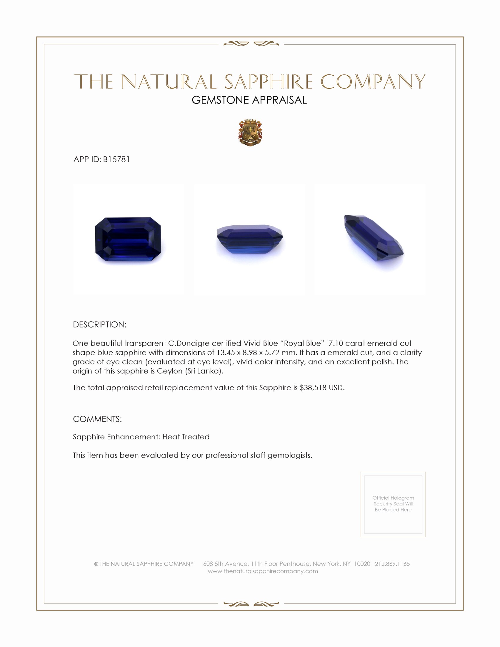 7.10 Ct. Blue Sapphire from Ceylon (Sri Lanka)
