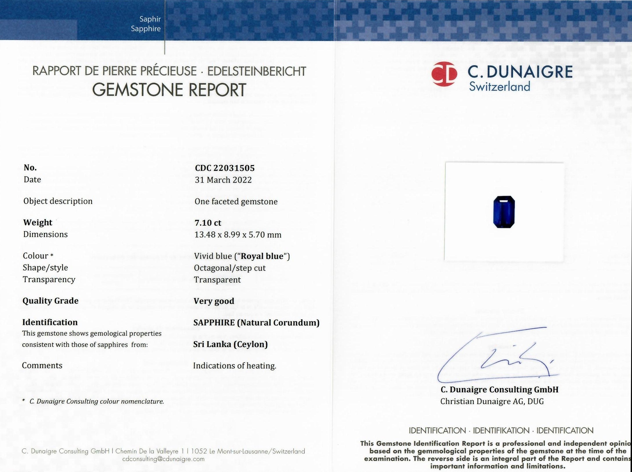 7.10 Ct. Blue Sapphire from Ceylon (Sri Lanka)
