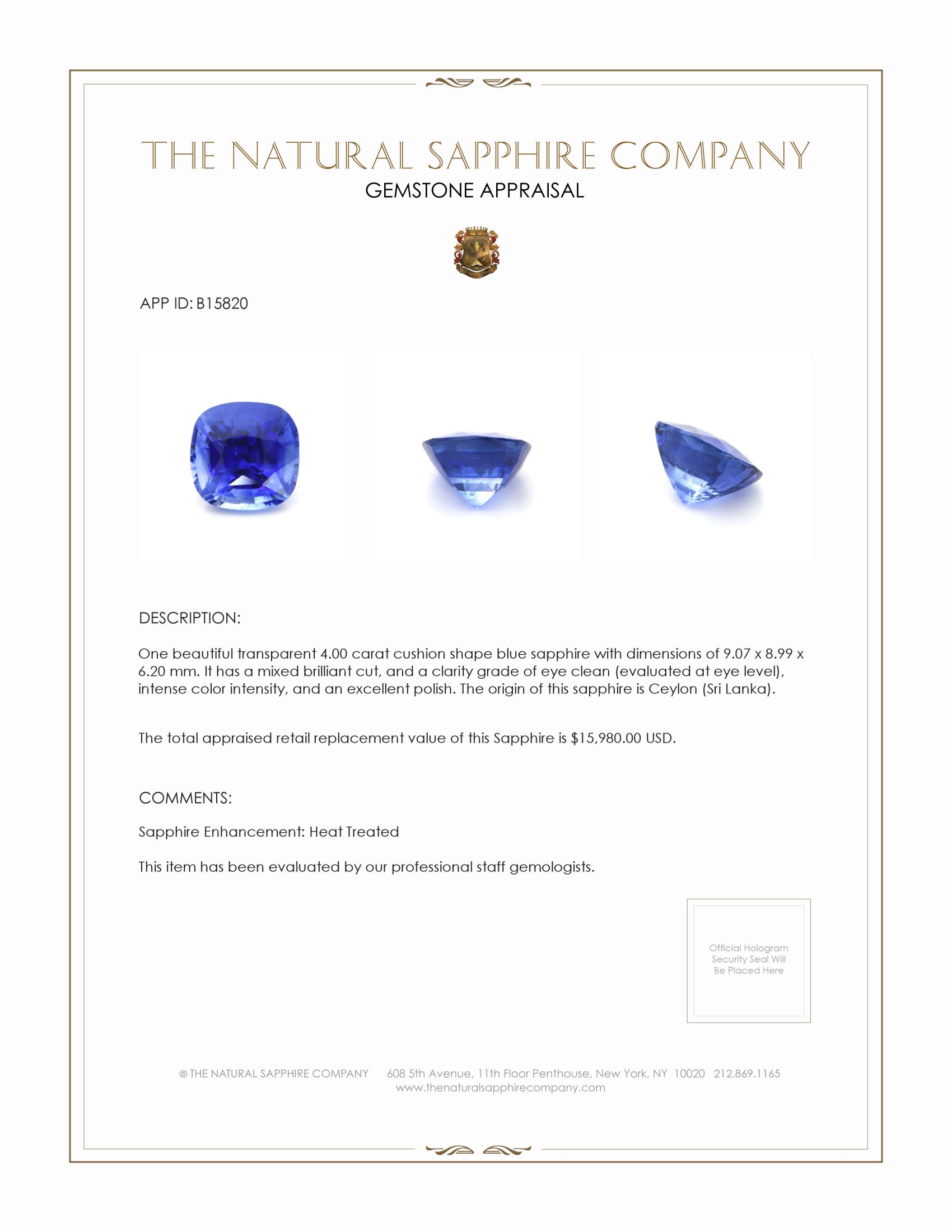 4.00 Ct. Blue Sapphire from Ceylon (Sri Lanka)