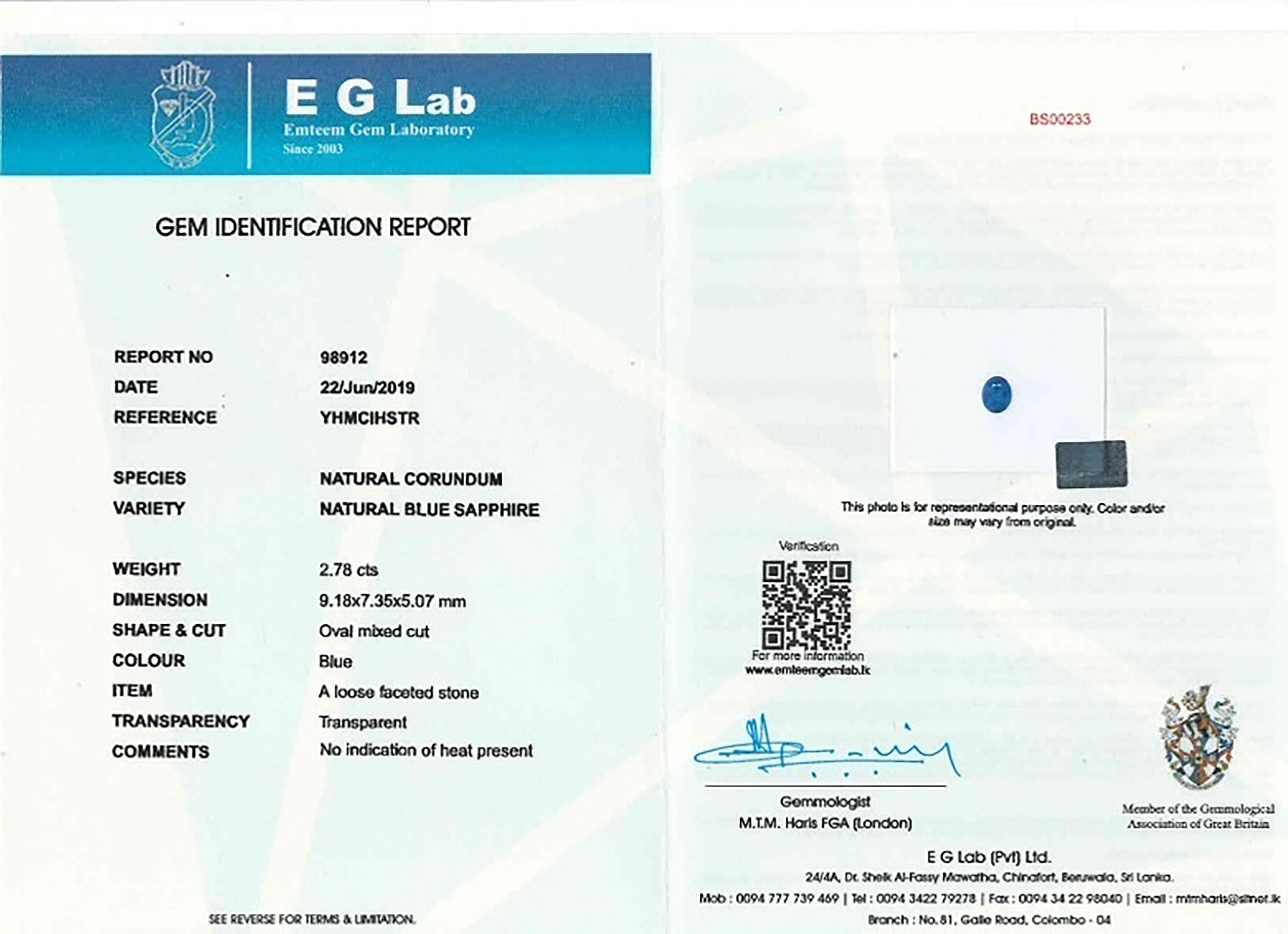 2.78 Ct. Blue Sapphire from Ceylon (Sri Lanka)