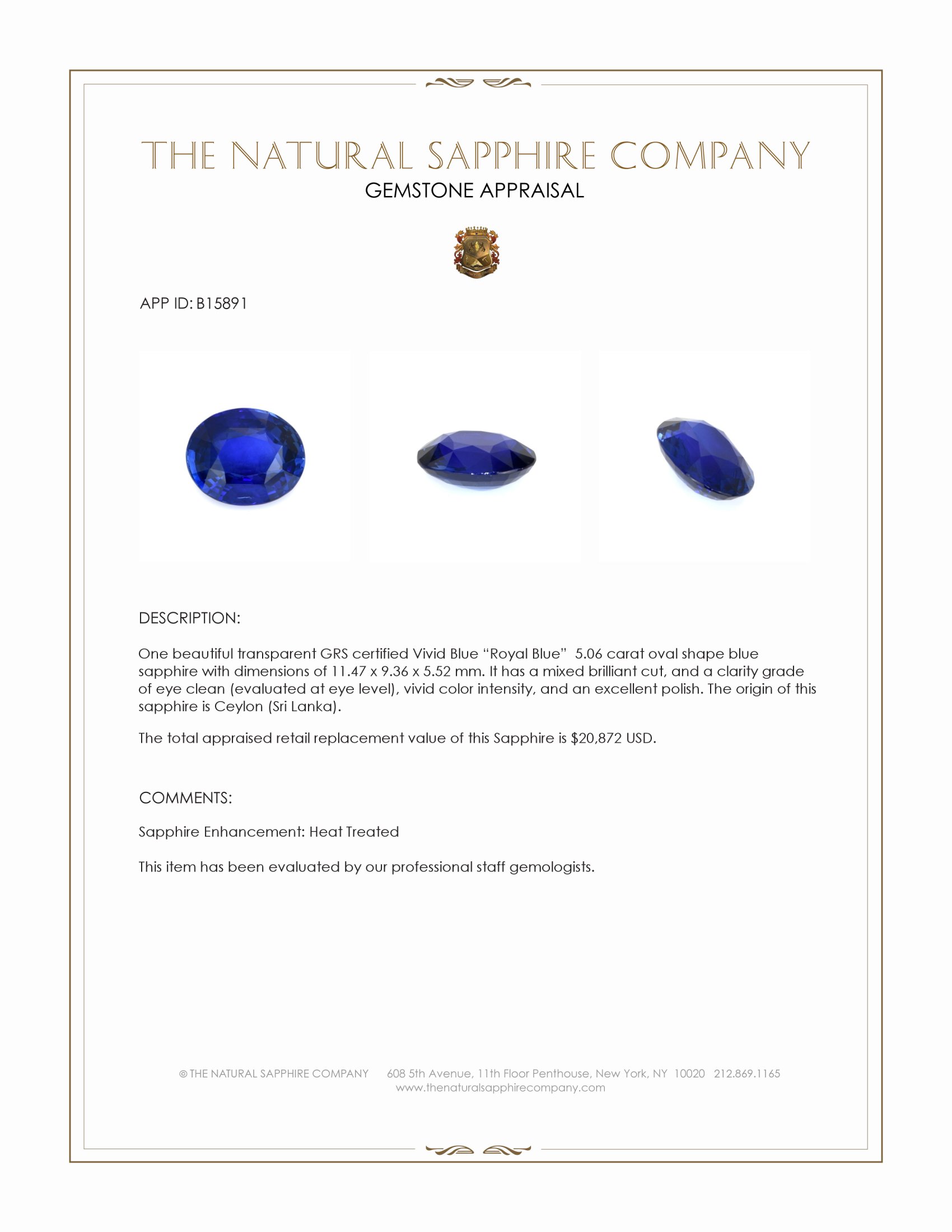 5.06 Ct. Blue Sapphire from Ceylon (Sri Lanka)