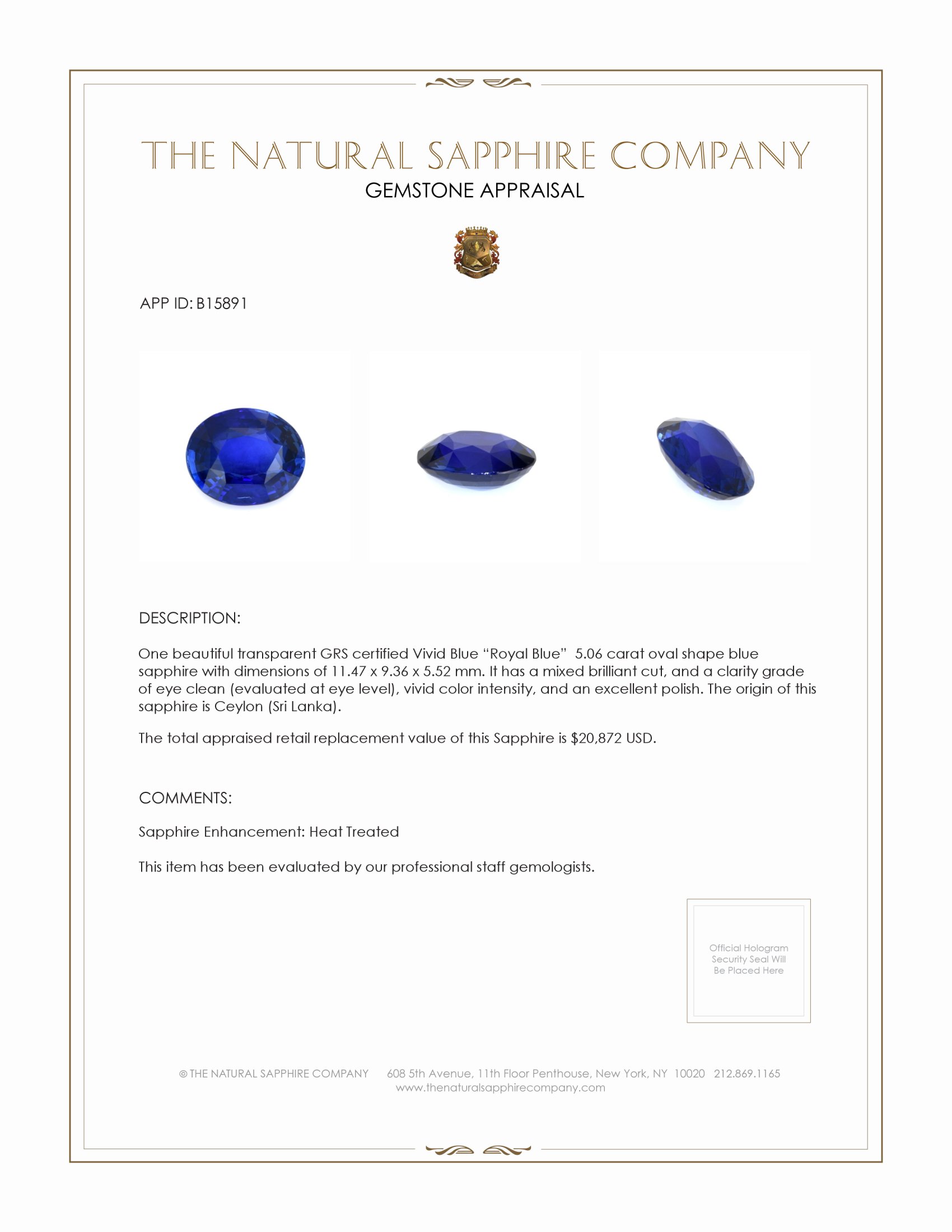 5.06 Ct. Blue Sapphire from Ceylon (Sri Lanka)