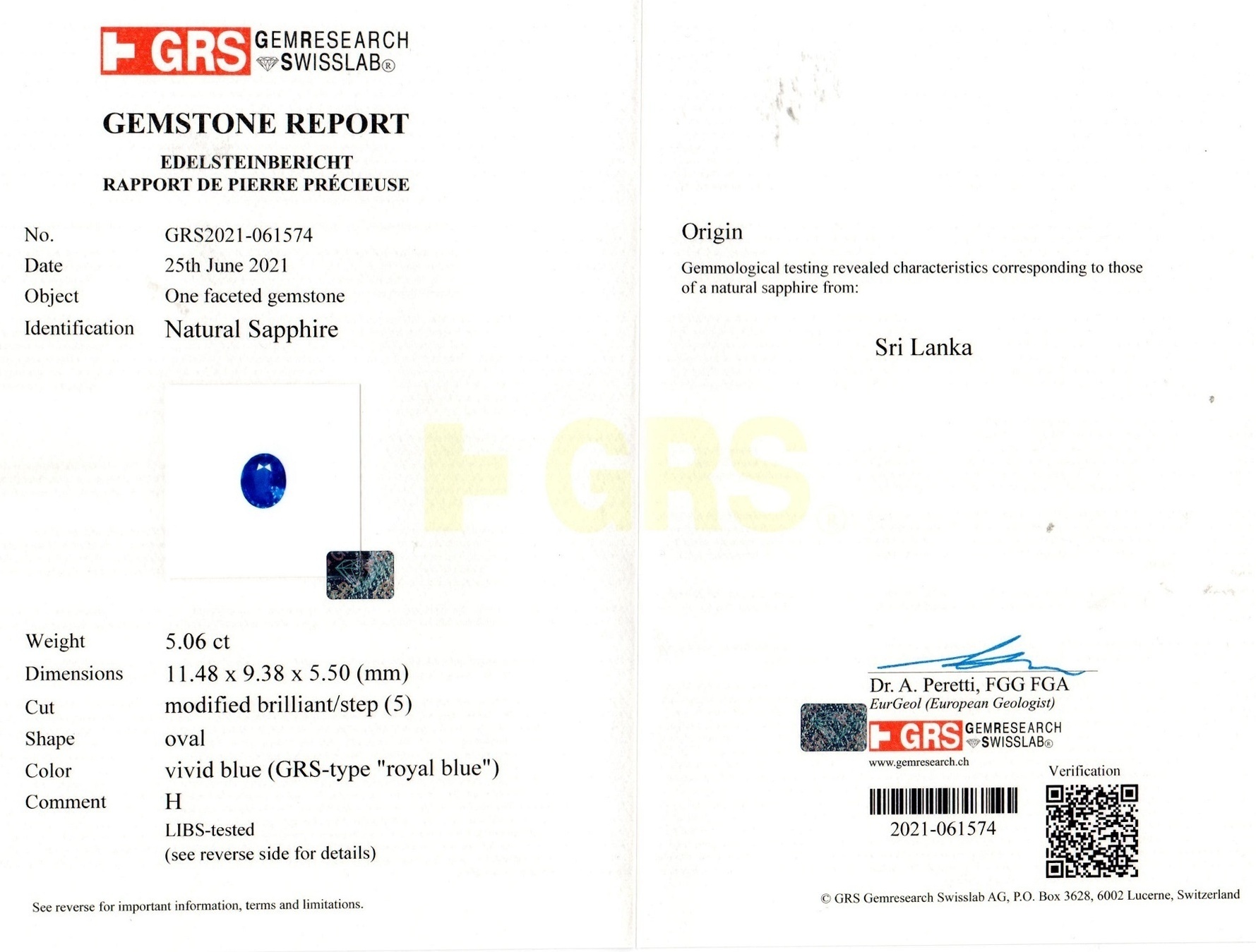 5.06 Ct. Blue Sapphire from Ceylon (Sri Lanka)