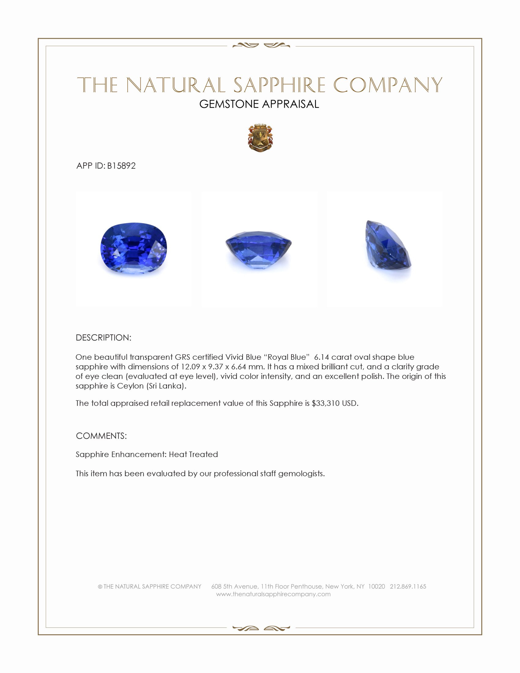 6.14 Ct. Blue Sapphire from Ceylon (Sri Lanka)