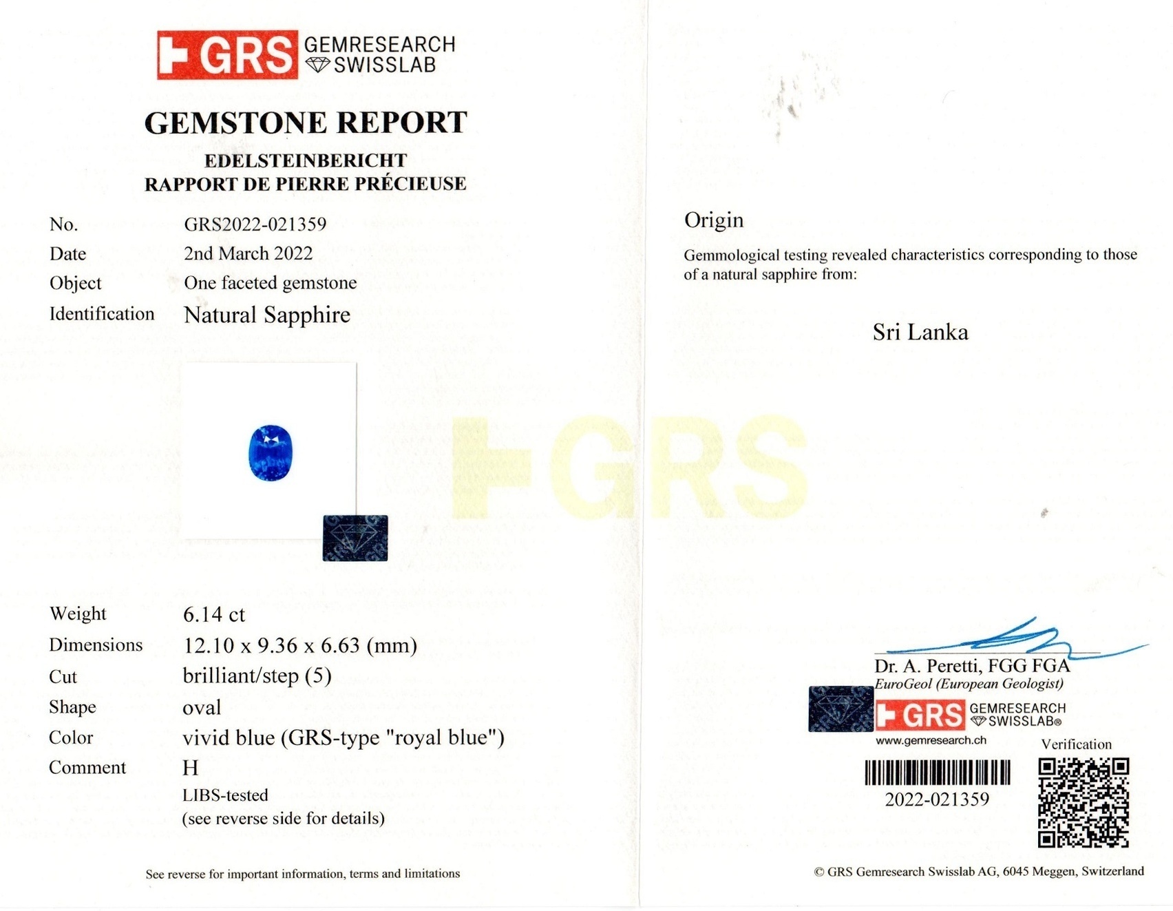 6.14 Ct. Blue Sapphire from Ceylon (Sri Lanka)