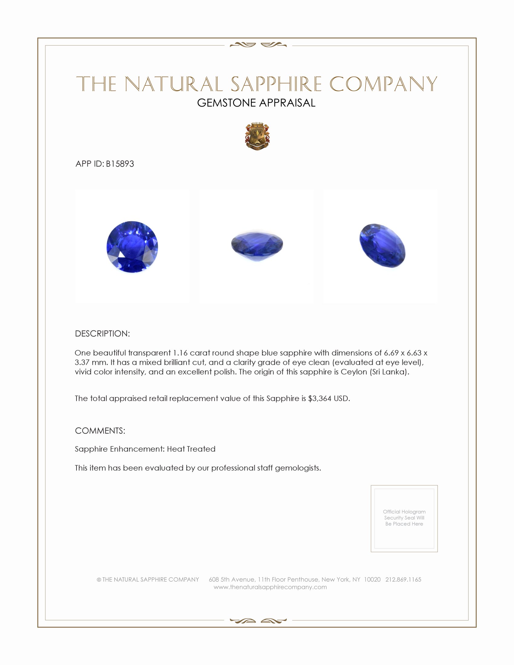1.16 Ct. Blue Sapphire from Ceylon (Sri Lanka)