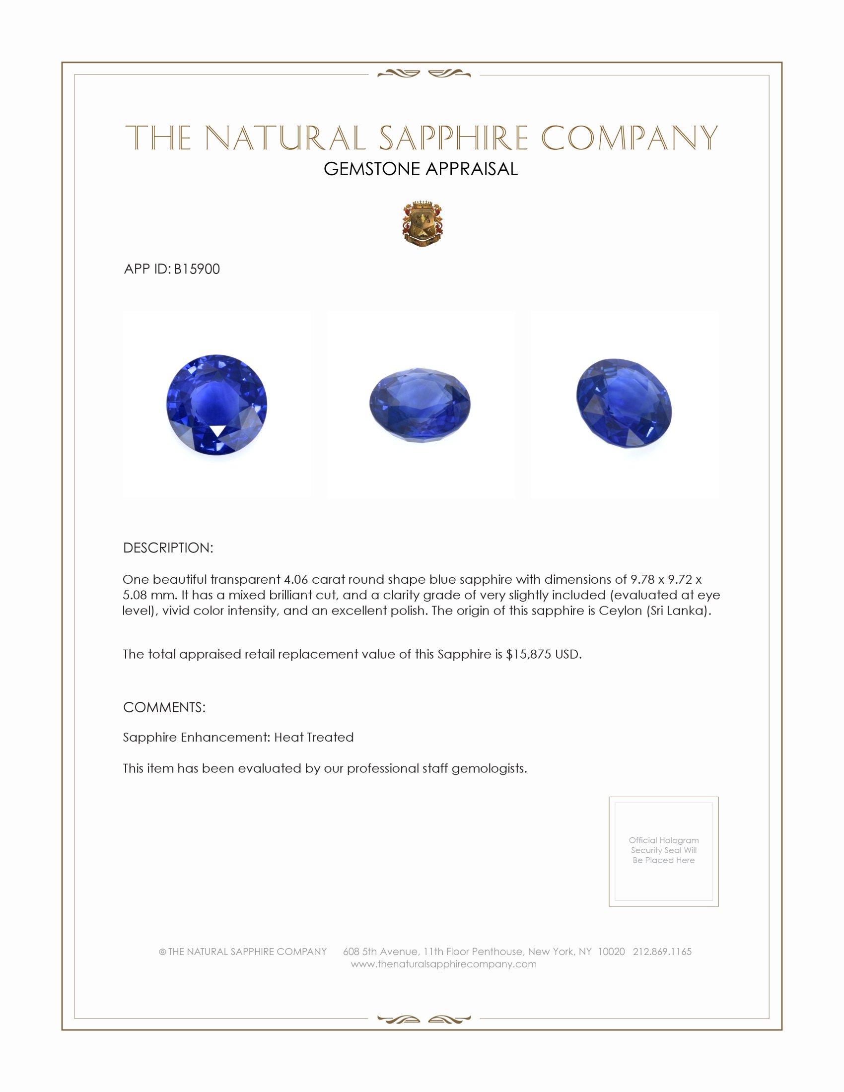 4.06 Ct. Blue Sapphire from Ceylon (Sri Lanka)