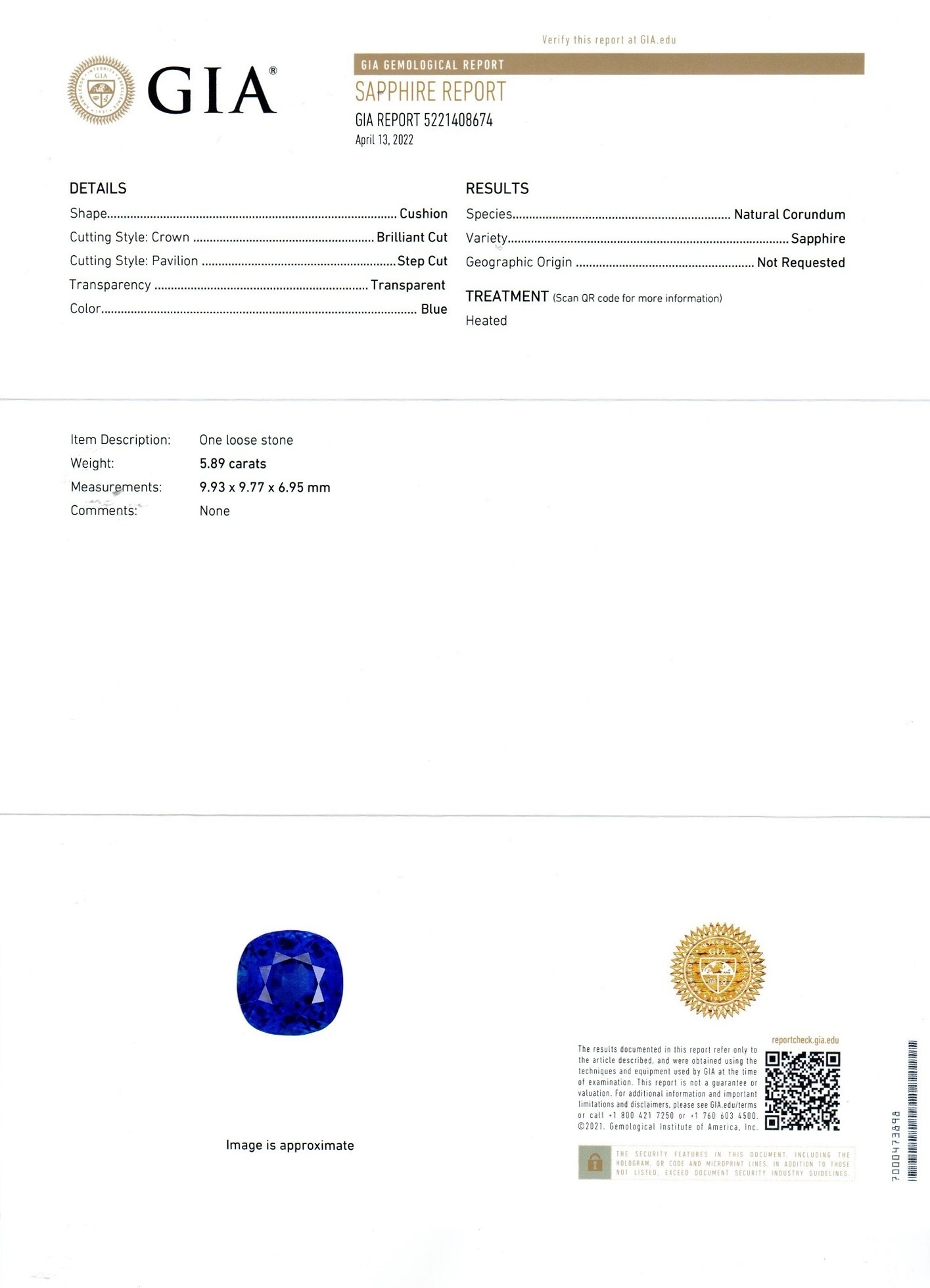 5.89 Ct. Blue Sapphire from Ceylon (Sri Lanka)