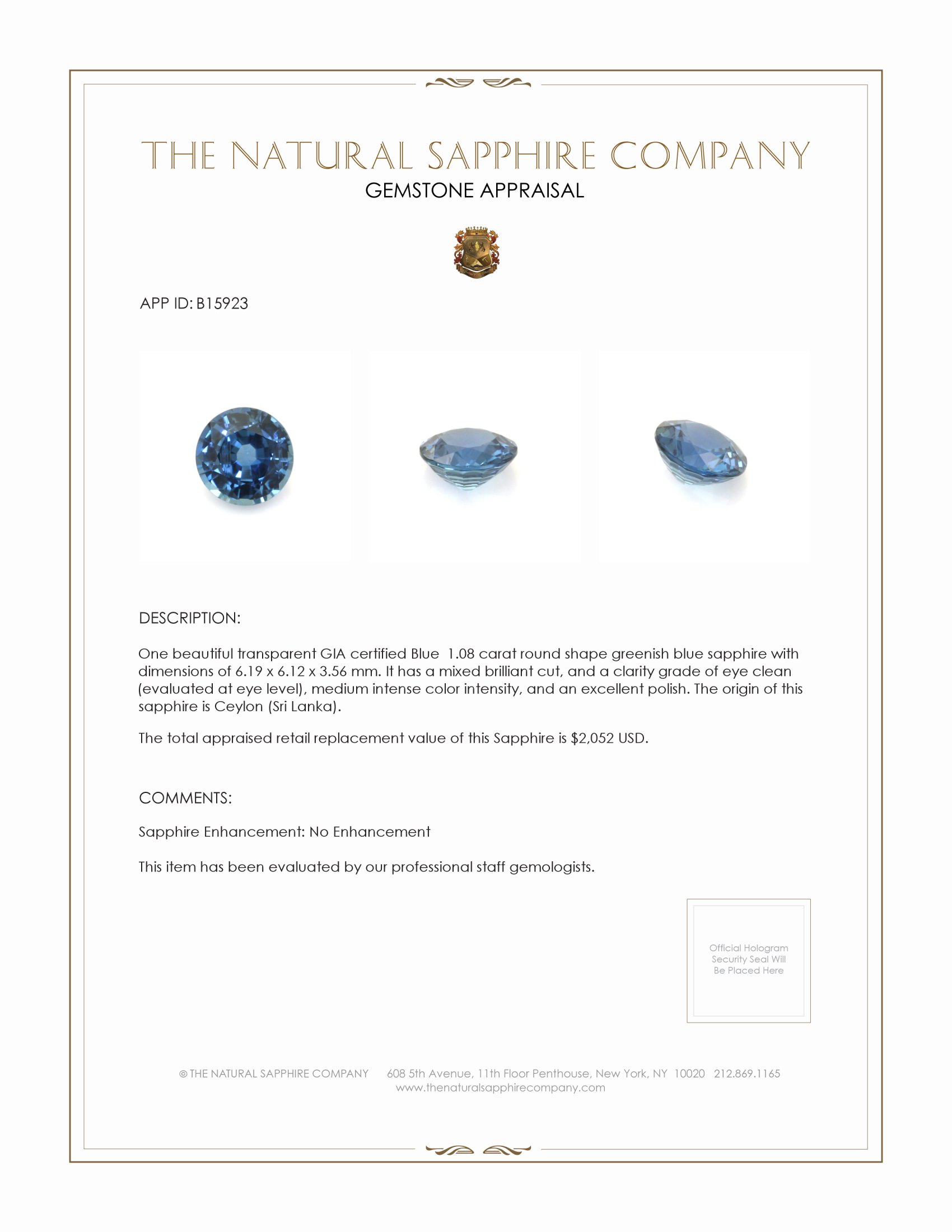 1.08 Ct. Greenish Blue Sapphire from Ceylon (Sri Lanka)