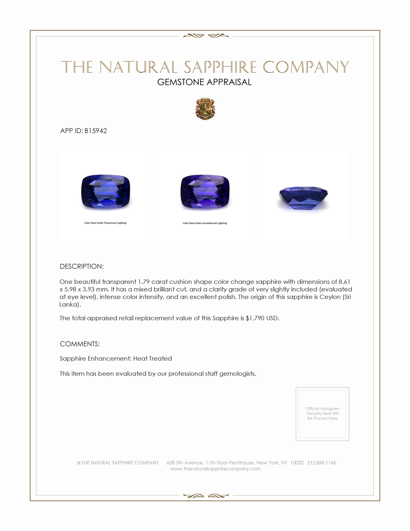 1.79 Ct. Color Change Sapphire from Ceylon (Sri Lanka)