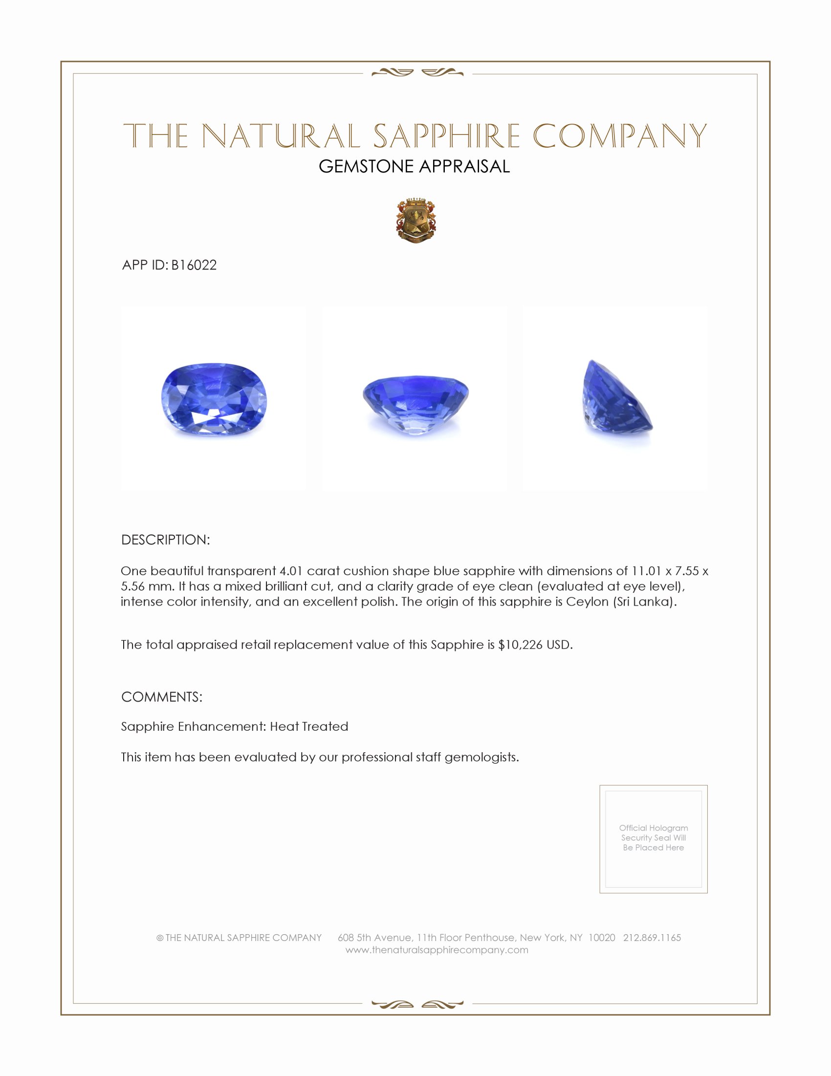 4.01 Ct. Blue Sapphire from Ceylon (Sri Lanka)