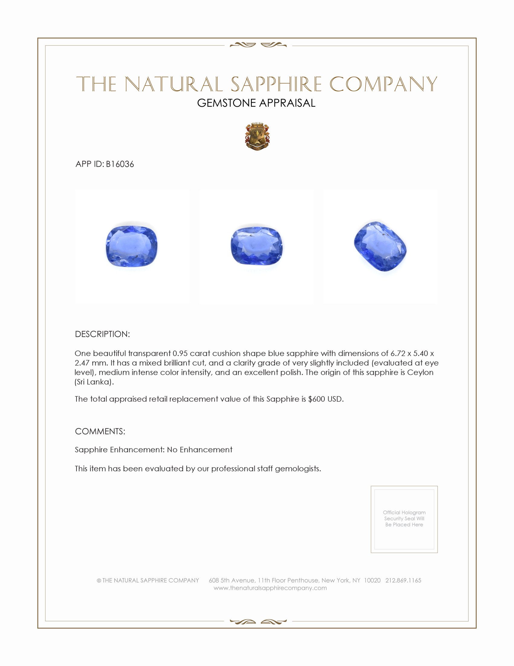 0.95 Ct. Blue Sapphire from Ceylon (Sri Lanka)