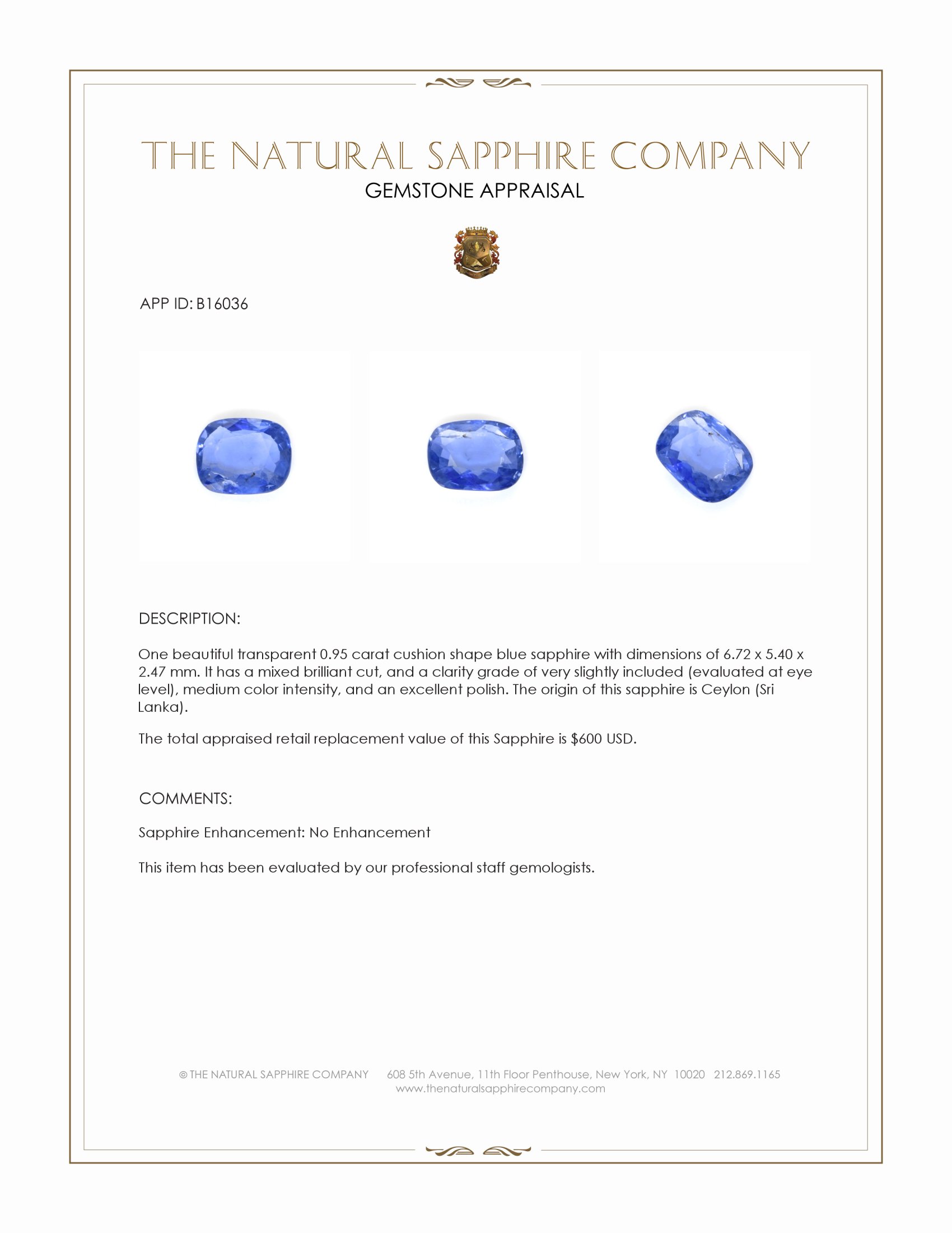 0.95 Ct. Blue Sapphire from Ceylon (Sri Lanka)