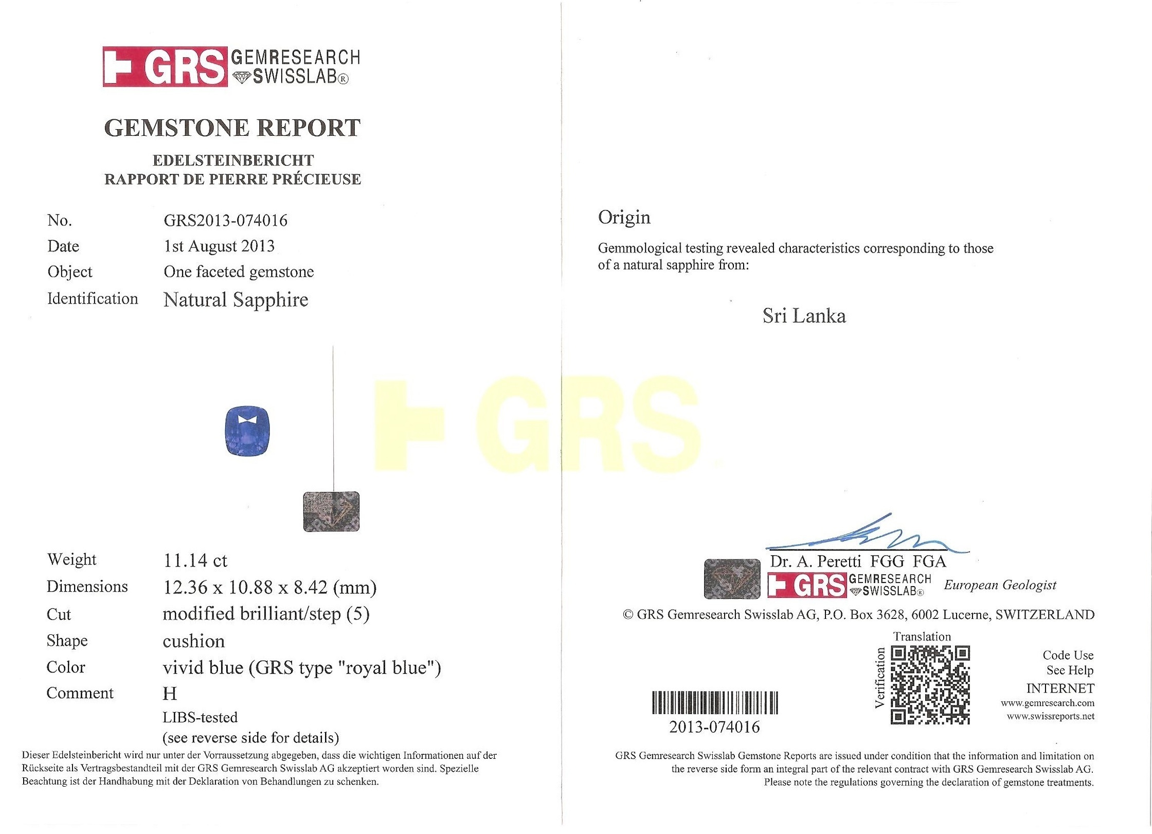 11.14 Ct. Blue Sapphire from Ceylon (Sri Lanka)