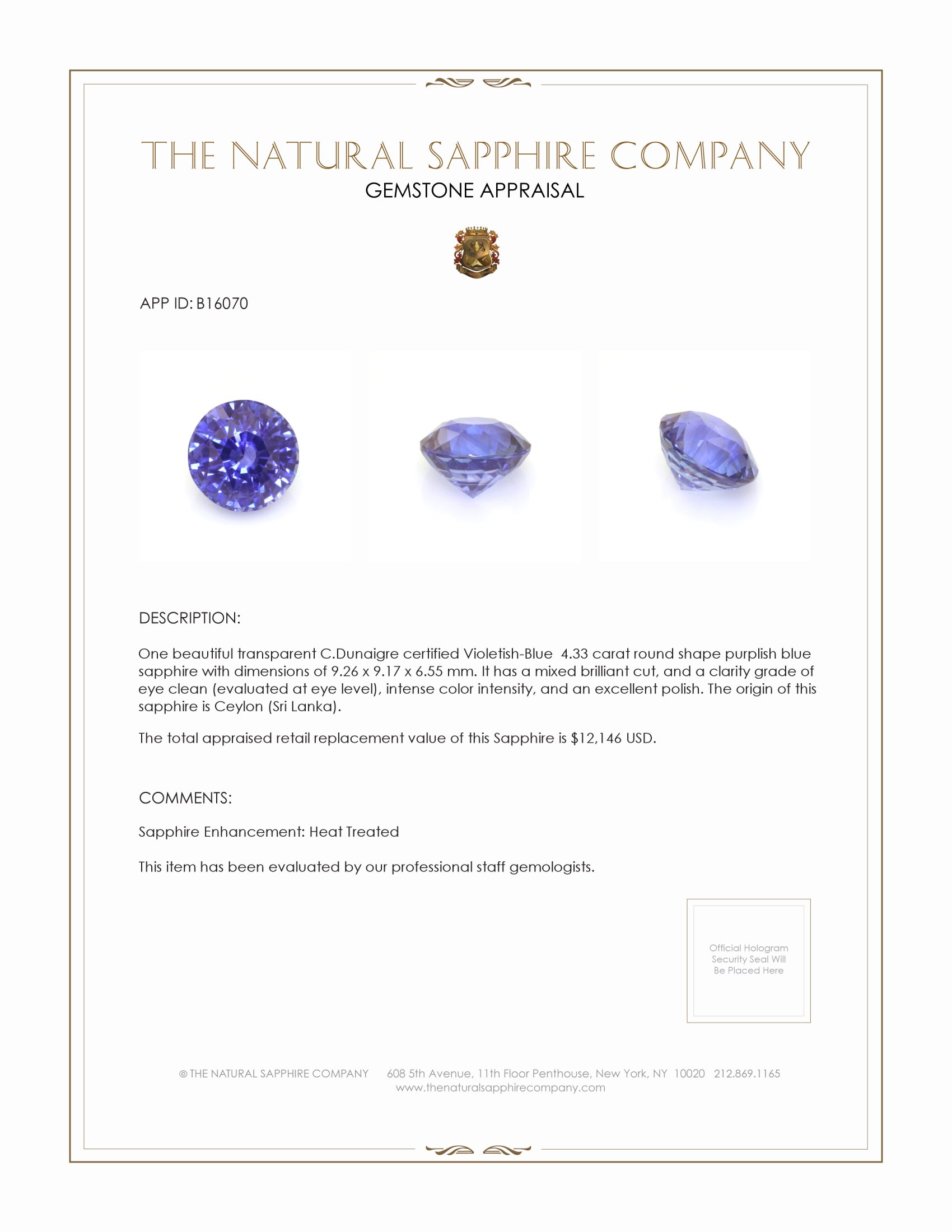 4.33 Ct. Purplish Blue Sapphire from Ceylon (Sri Lanka)